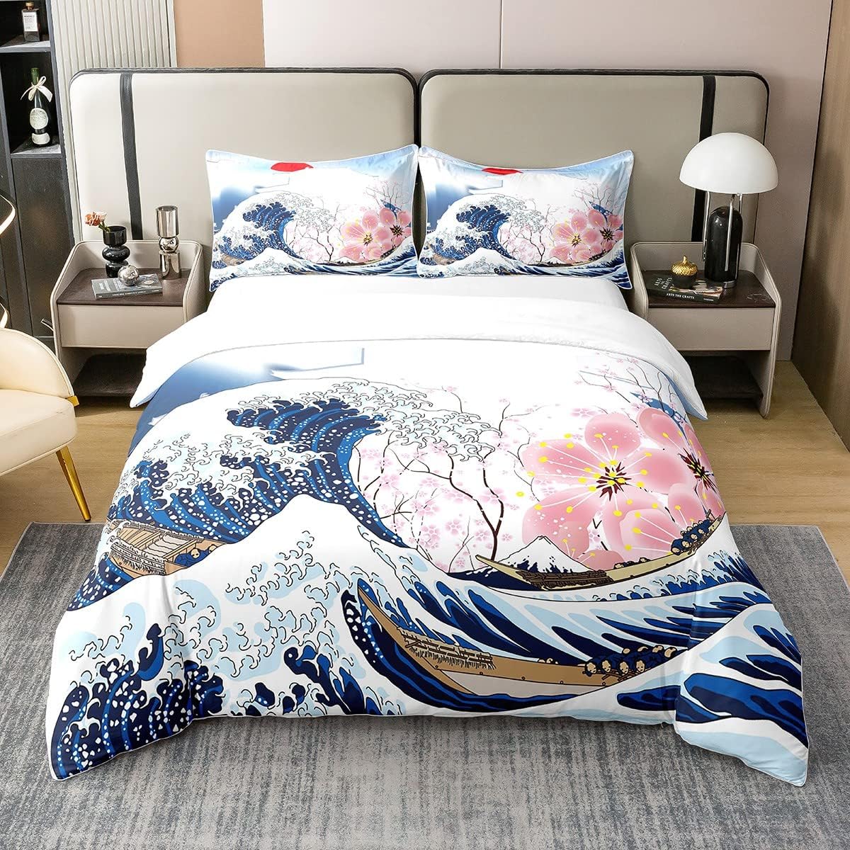 100 Washed Cotton Ocean Waves Duvet, Ukiyoe Bed Linen Set, Japanese