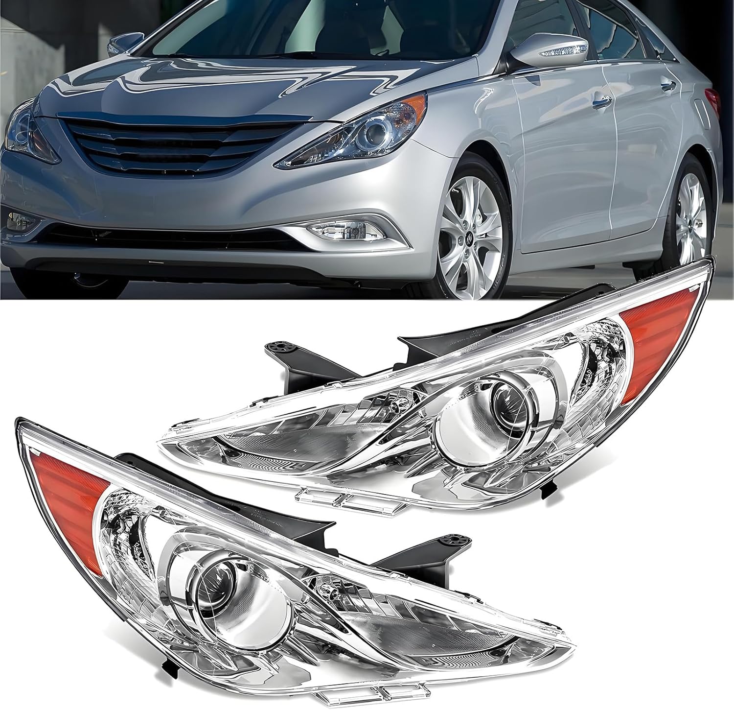 Headlights Assembly for 2011 2012 2013 2014 Hyundai Sonata (Excludes Hybrid) Halogen Headlamp Replacement Driver &Passenger Side,Chrome Housing Amber Corner