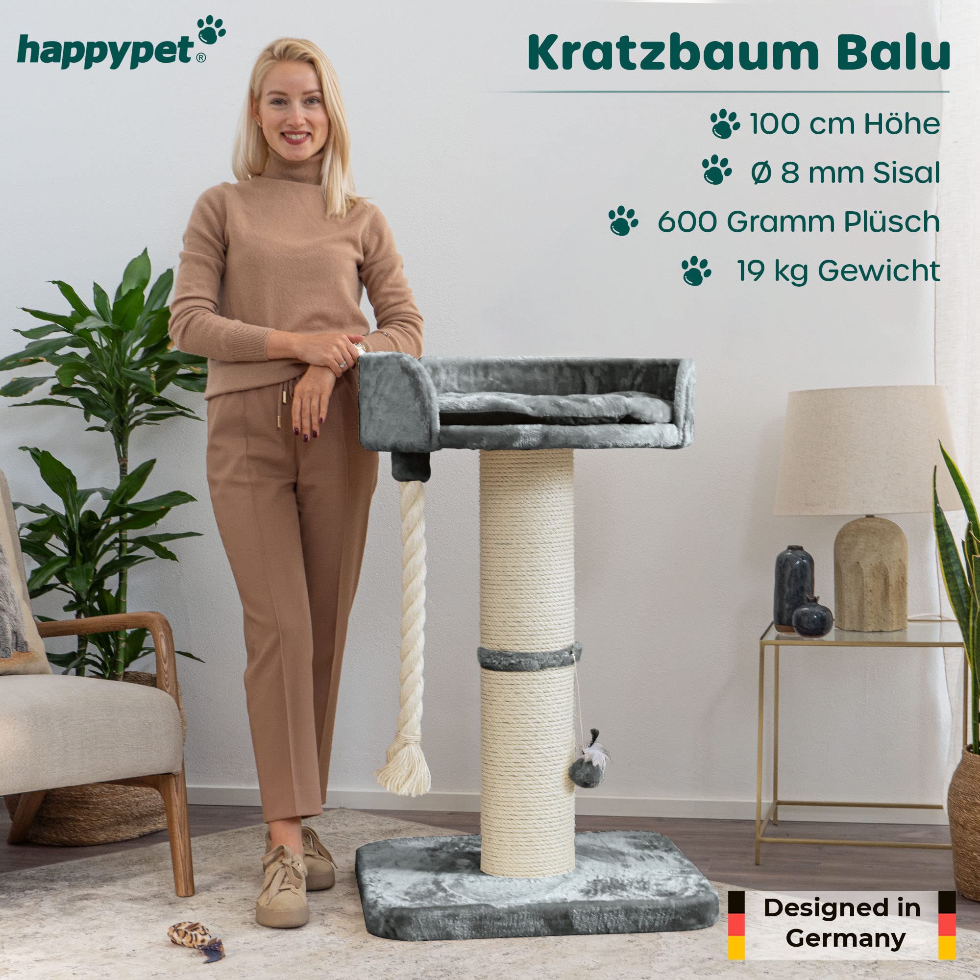 HAPPYPET Premium Kratzbaum 'Balu' Grosse Katzen Stabil - Katzenbaum, Kletterbaum, für Maine Coon, Ragdoll, Robustes Natursisal, Dicke Stämme 18 cm, 100 cm hoch, Grau