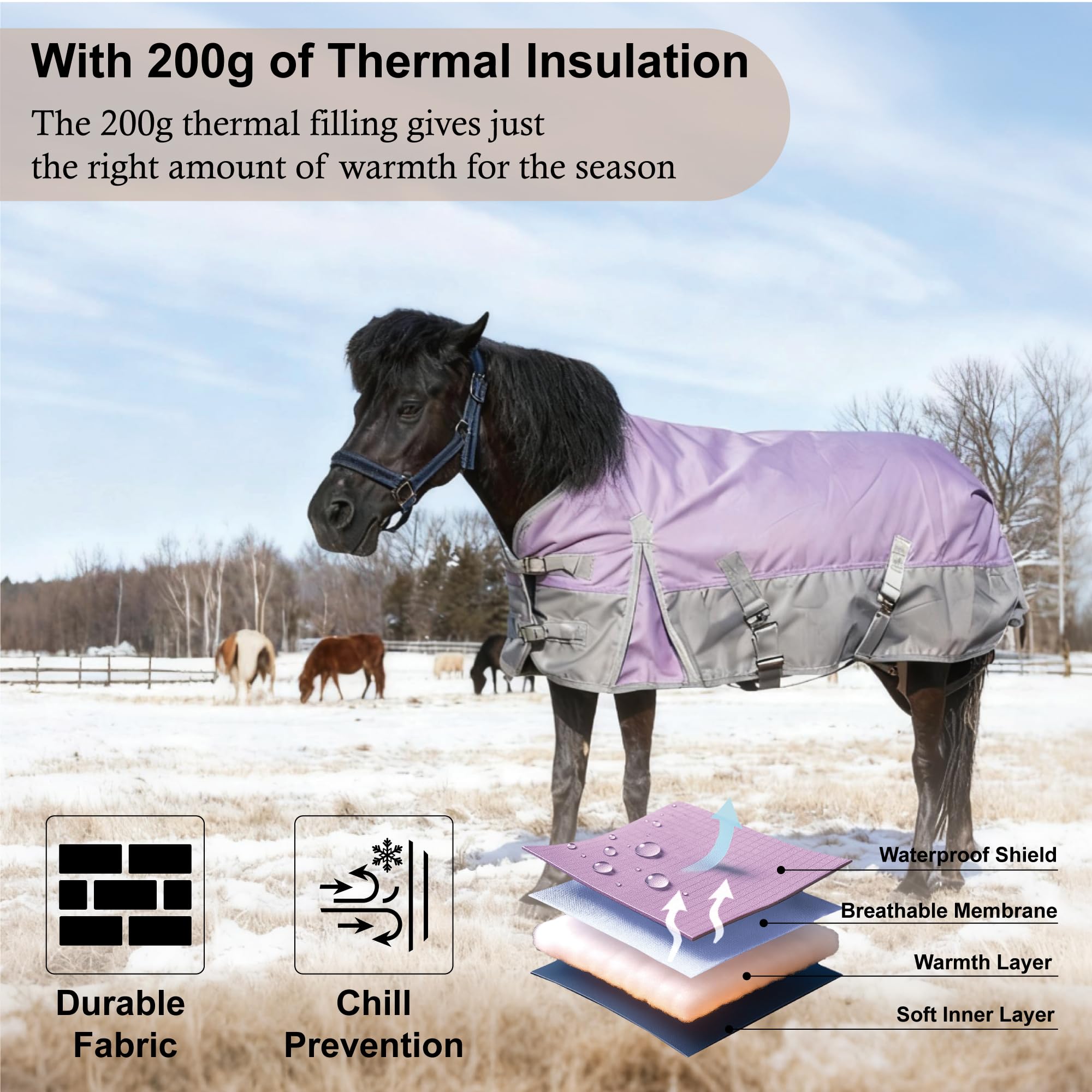 Coperta per cavalli in ripstop 1200D, peso medio, impermeabile e traspirante, per mini, Shetland, Pony e puledro 90-15,2 cm, peso medio, impermeabile e traspirante, per mini, Shetland, Pony e puledro