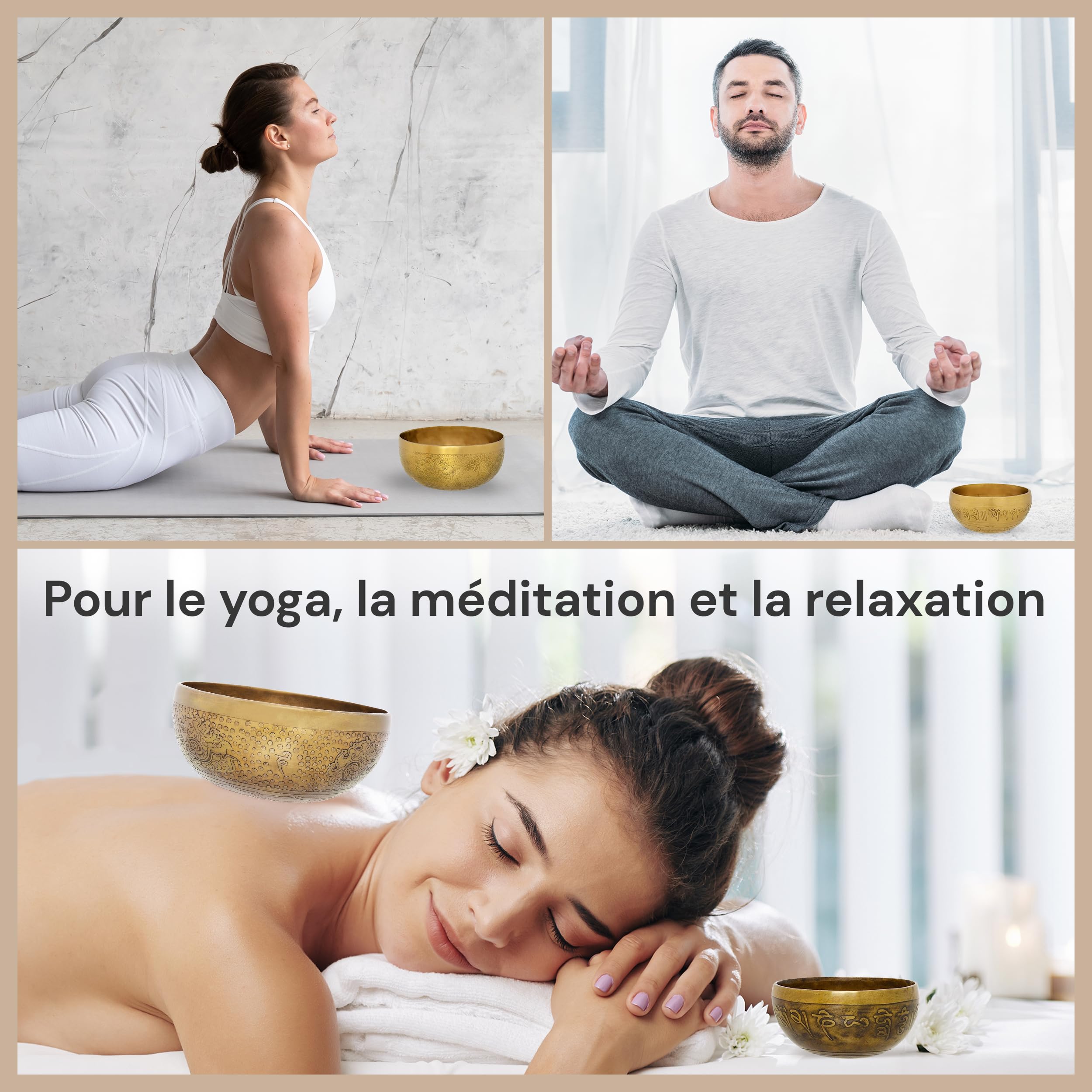 Bol chantant tibétain, motif fleur de vie, pour yoga, méditation et détente, diamètre : 20 cm, 1100 g, surface mate, fait à la main traditionnel, de qualité professionnelle