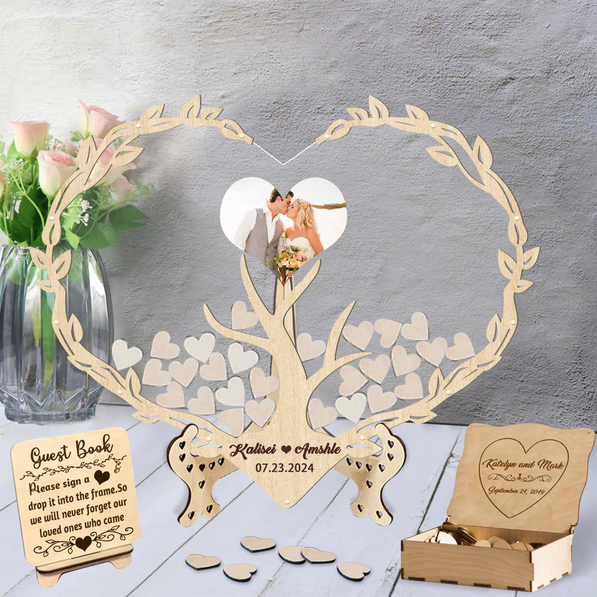 Personalizzato Libro degli Ospiti di Nozze,Costume Alternativa al Registro degli Ospiti Cartello con Nome Data e Cartello Cuori in Legno per Nozze Anniversario Compleanno Festa Baby Shower