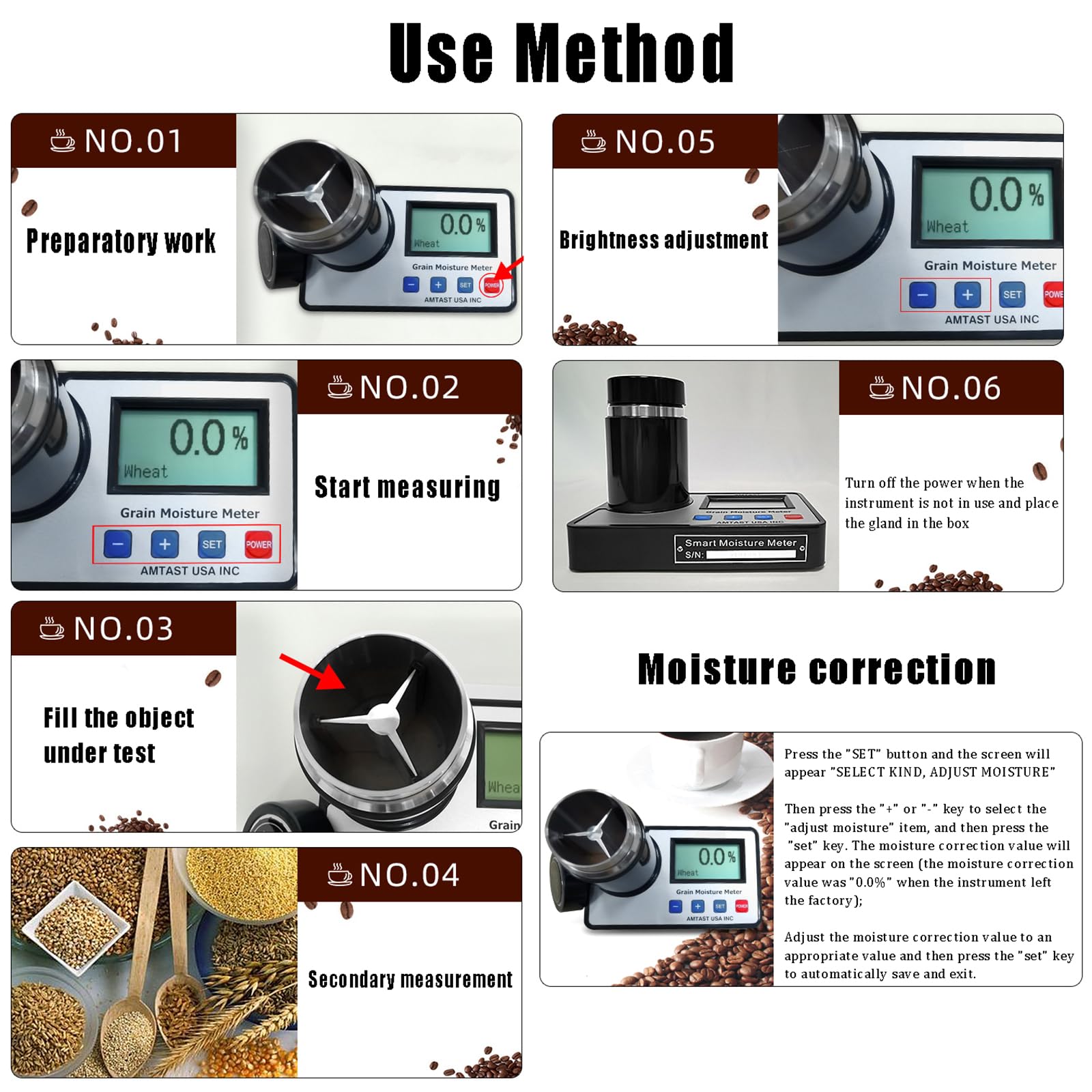 Misuratore di umidità per chicchi di caffè, analizzatore di cereali con LCD, compensazione automatica della temperatura, errore <0,5%, spegnimento automatico, per aziende agricole e fabbriche