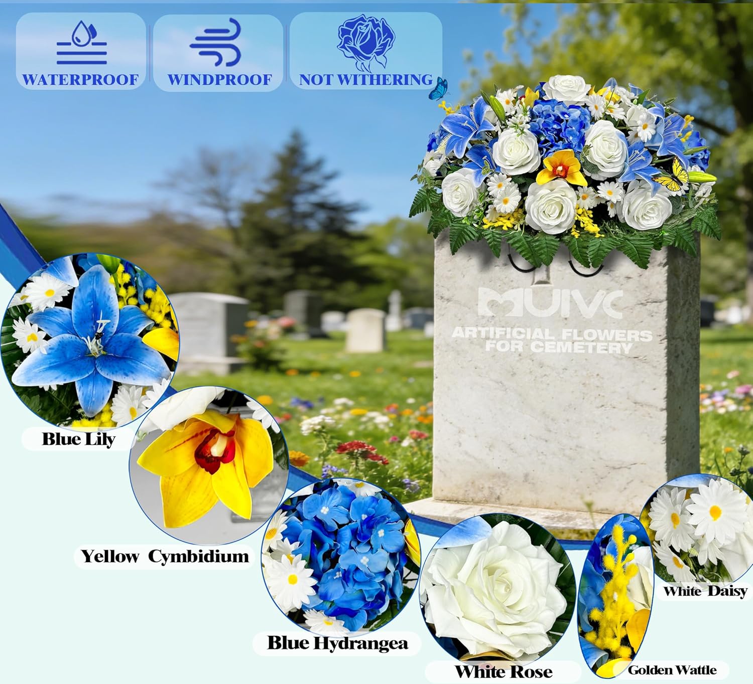MUVIC Artificial Cemetery Flower for Grave,Headstone Flower Saddle - Blue Rose Daisy Lily Cymbidium, Easy Fit