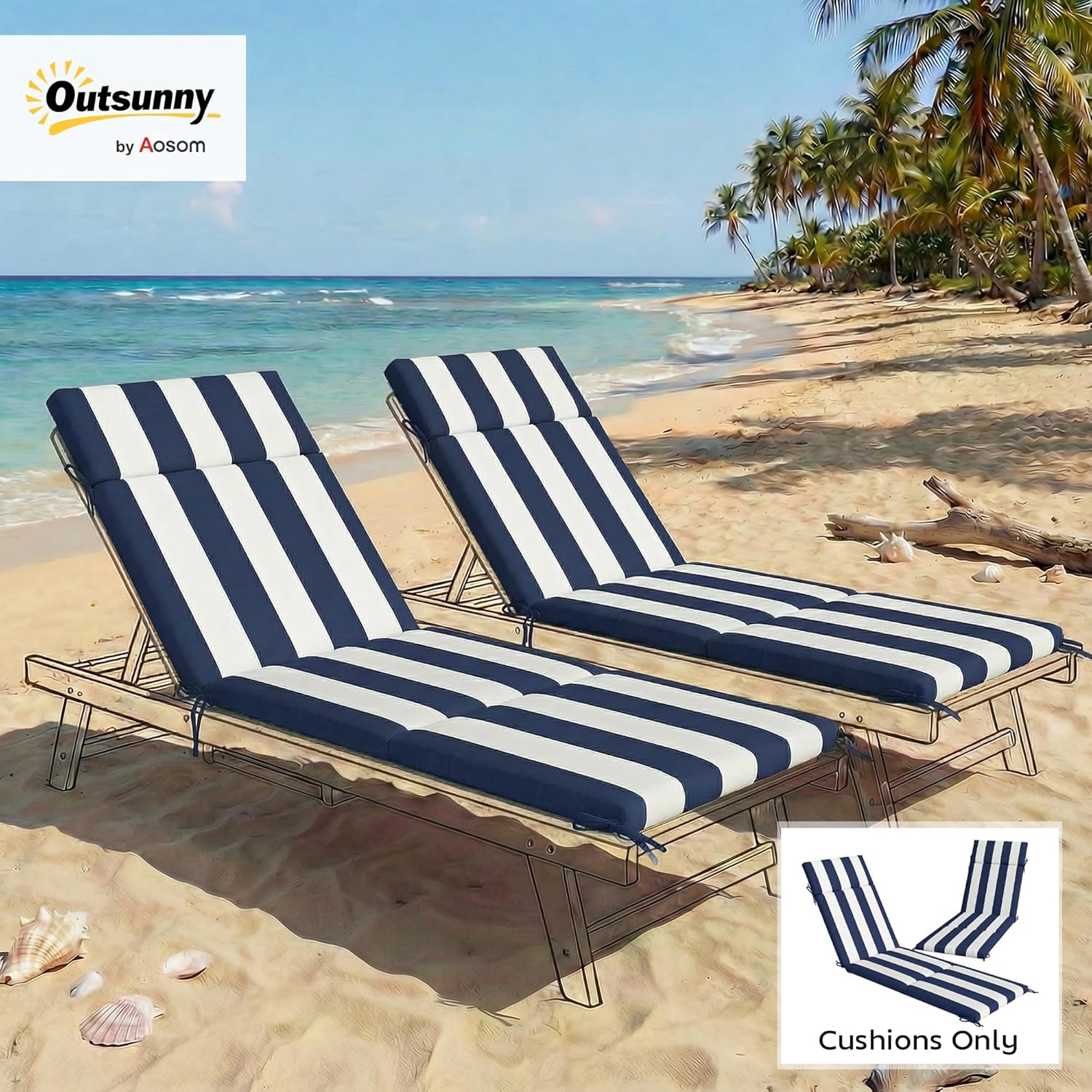 Outsunny Outdoor Chaise Lounge Cushions Set of 2, Chaise Lounge Cushions with 6 Ties, High-Density Foam, 72 x 21.1 x 2.6 Inch Water-Repellent and UV-Resistant for Patio, Poolside, Dark Blue and White