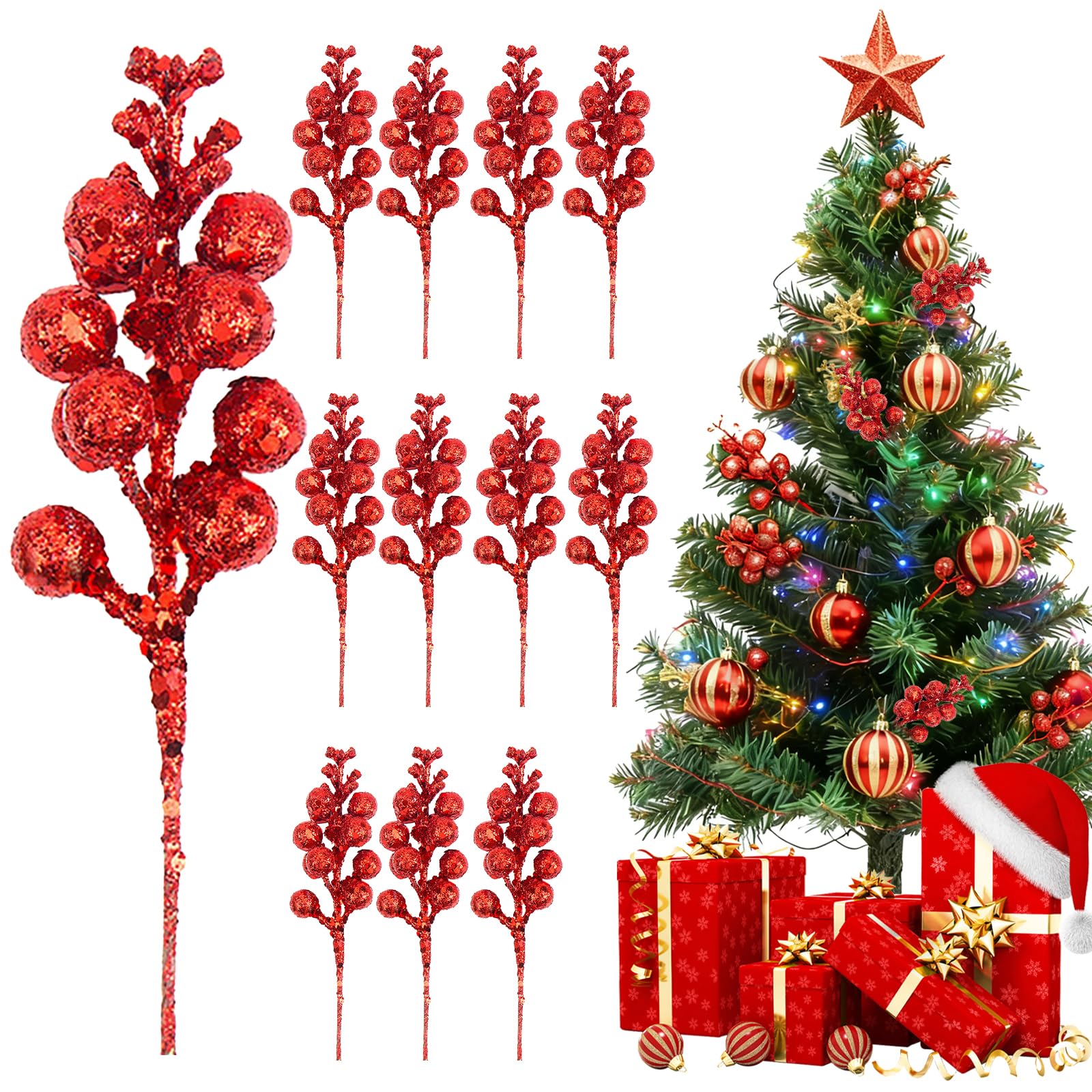 Zweige Deko Weihnachten, 12 PCS Stäbchen Weihnachten Glitzer Beeren Stiele, Rote Beeren schmücken Weihnachtsbaum, Weihnachtsbaum Deko