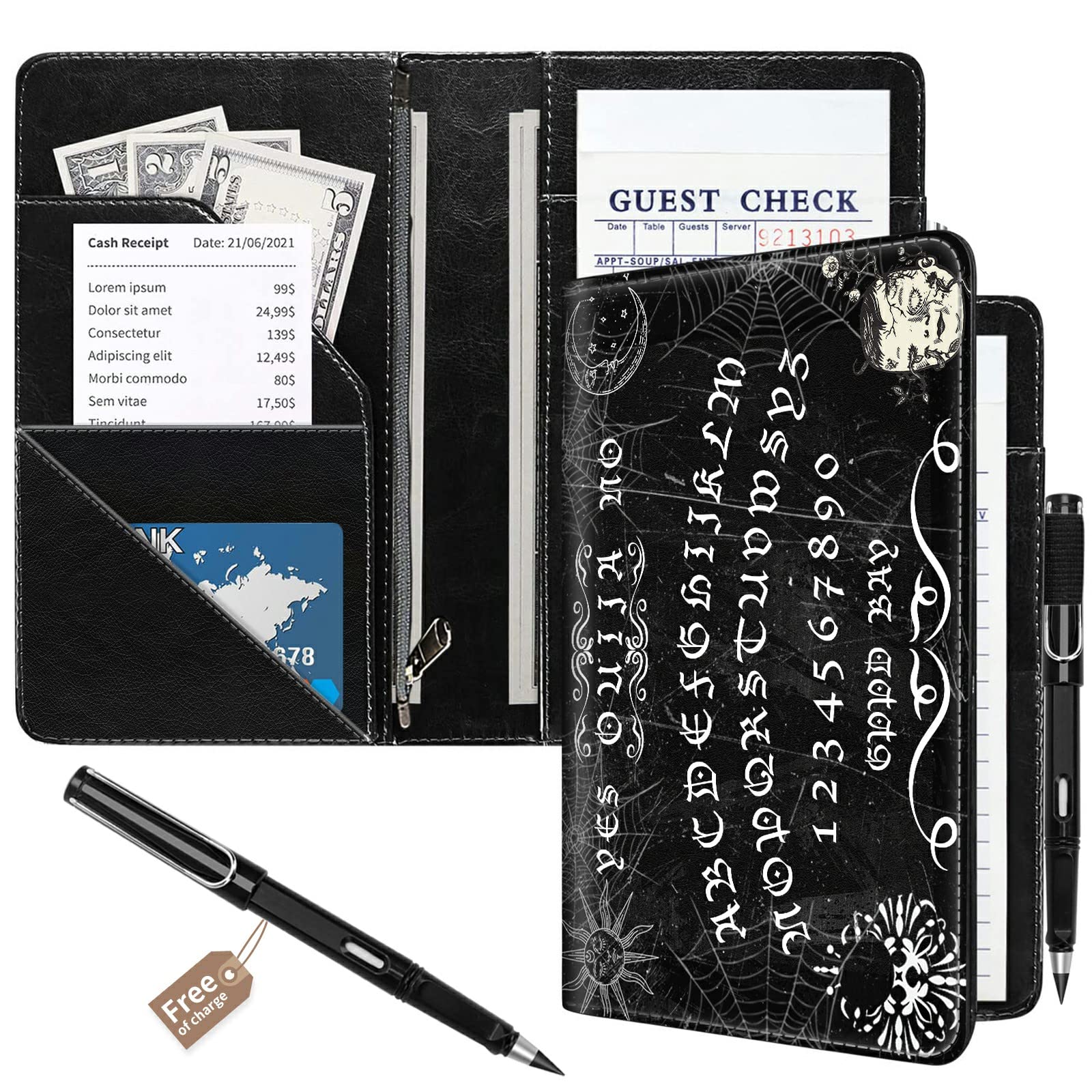 Server Book For Waitress With Everlasting Pencil,Money Pocket Leather Wallet Booklet,Guest Check Receipt Holder Presenters,Waiter Accessories Fit Server Apron 5.5" X 9"-Cow Texture - View #10