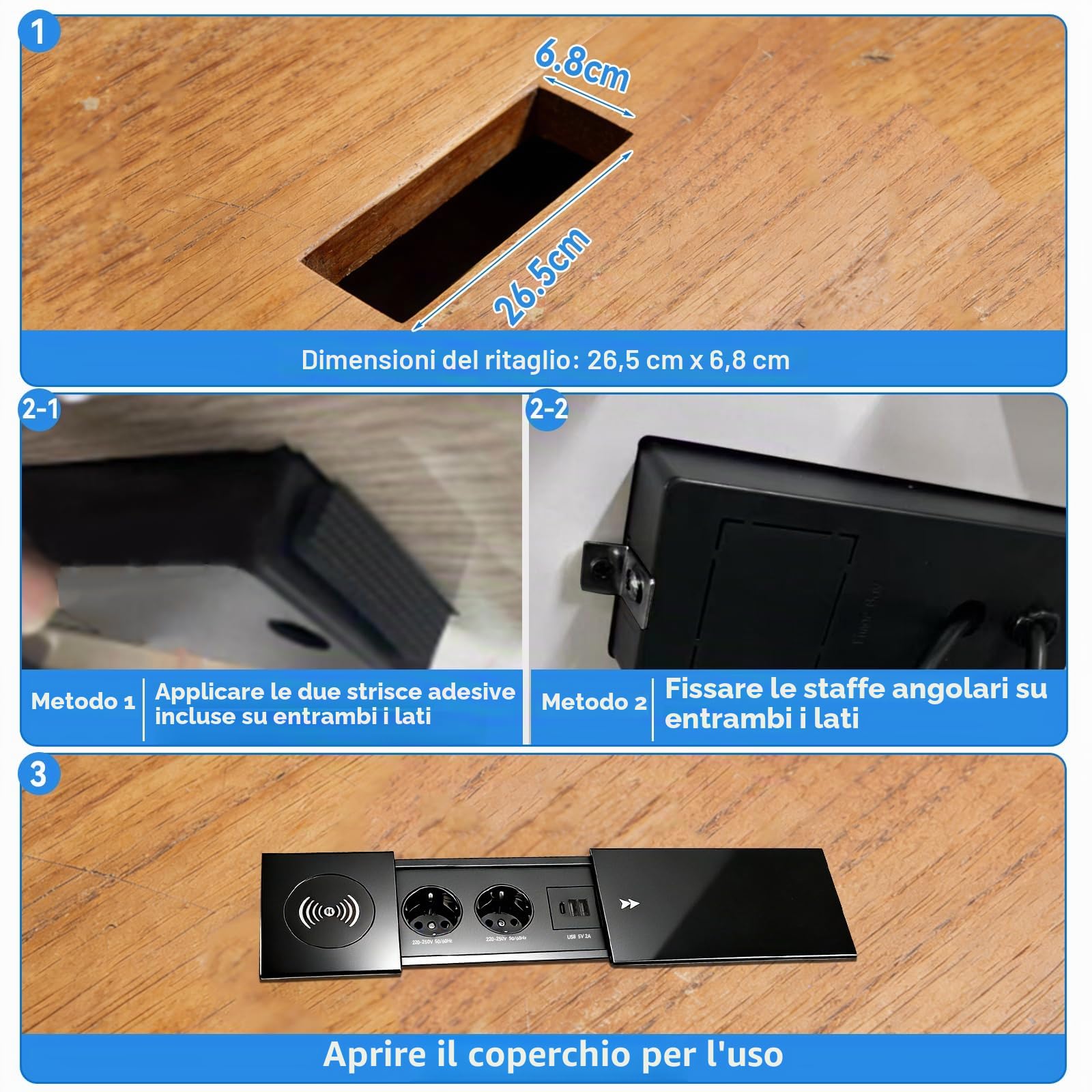 Ciabatta elettrica da incasso, 2 prese, a scomparsa, con caricatore wireless da 15 W, e USB-C, presa a scomparsa con coperchio scorrevole per scrivania, divano, tavolo da conferenze