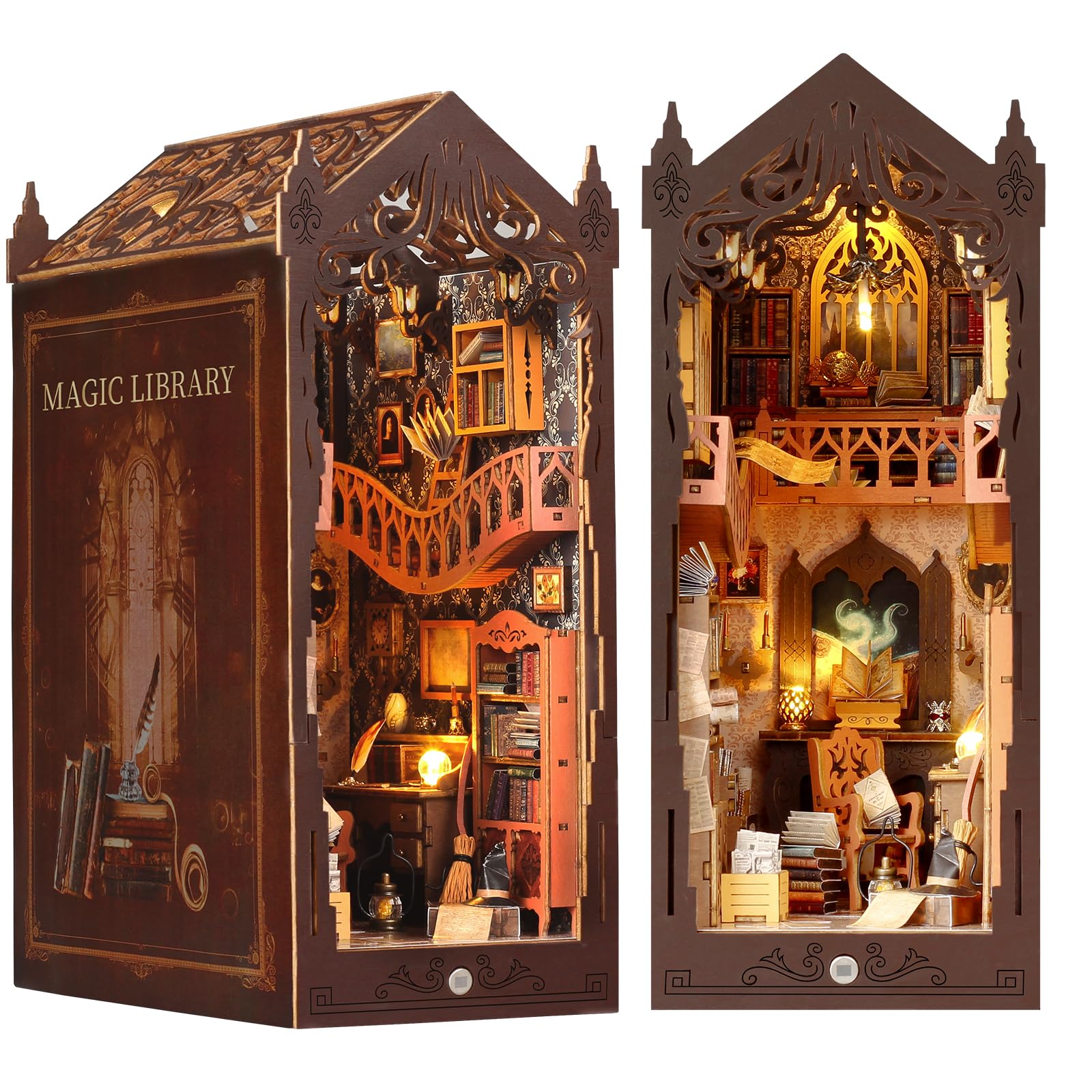 DIY Book Nook Kit - Bookend Diorama with LED- 3D Wooden Puzzle DIY Miniature House Kits - Bookshelf Insert Decor - Booknook Dollhouse Crafts Hobbies