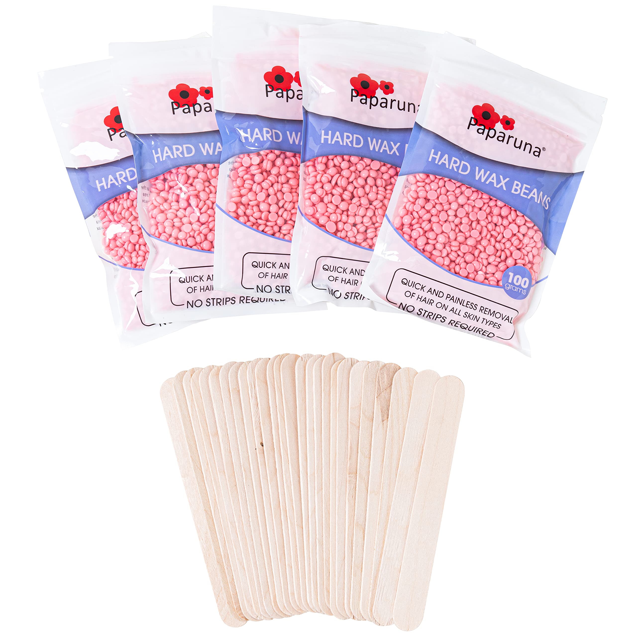 Multi Pack Paparuna Rose Hard Wax Beans, Five 100g bags, Wax Warmer Beads and pack of wooden spatulas - For Hair Removal, Bikini, Body,Legs,Back,Face,Chest,Facial,Eyebrows, Nose,Brazillian