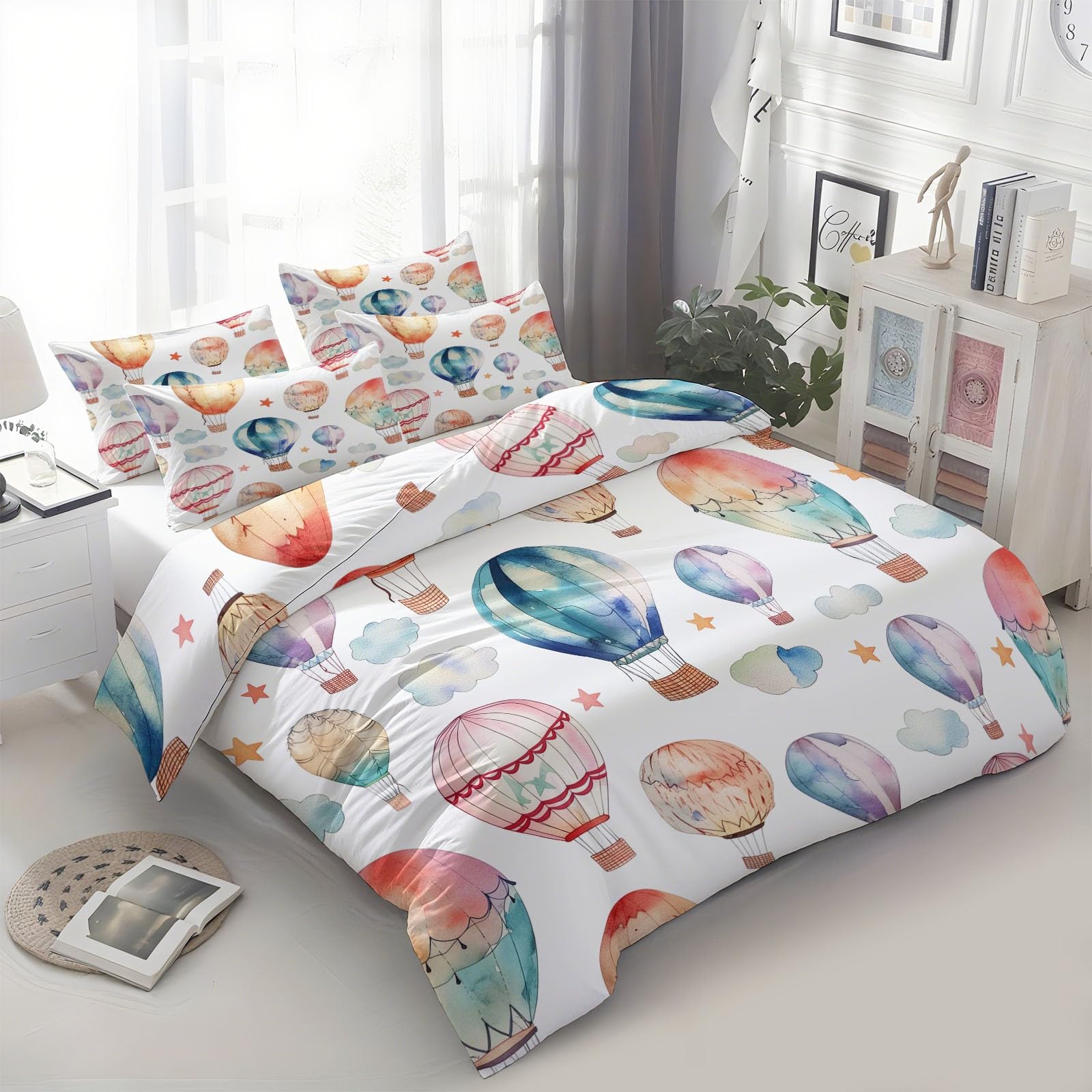 Parure de lit réversible aquarelle montgolfière 160x200 en tissu microfibre ultra doux