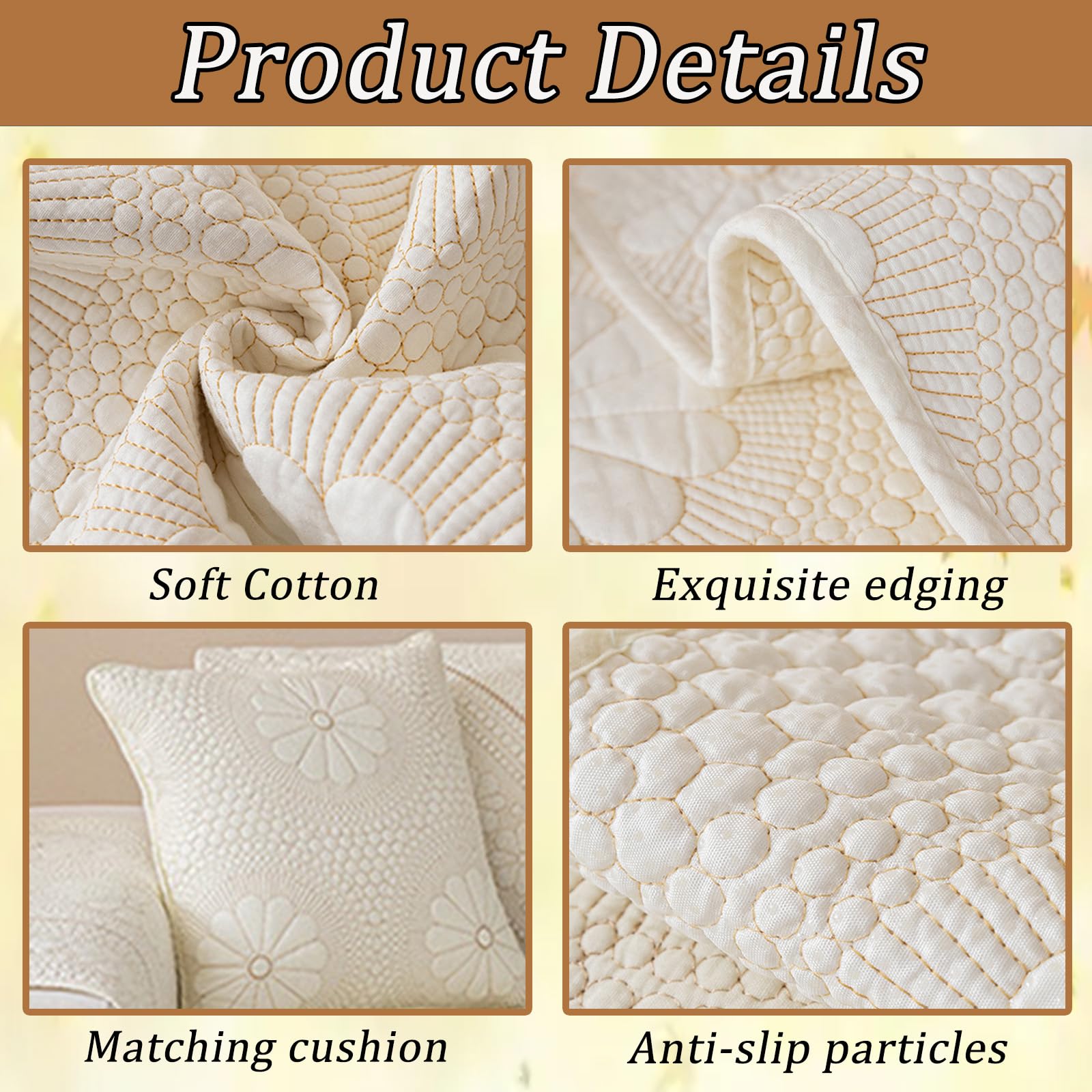 Copertura per Divano in Cotone Trapuntato, Modello Margherita, Stile Rustico, Antiscivolo, Morbida, Lavabile, Protezione per Divano da Cani e Animali Domestici Beige 110x210cm/43.31x82.68in