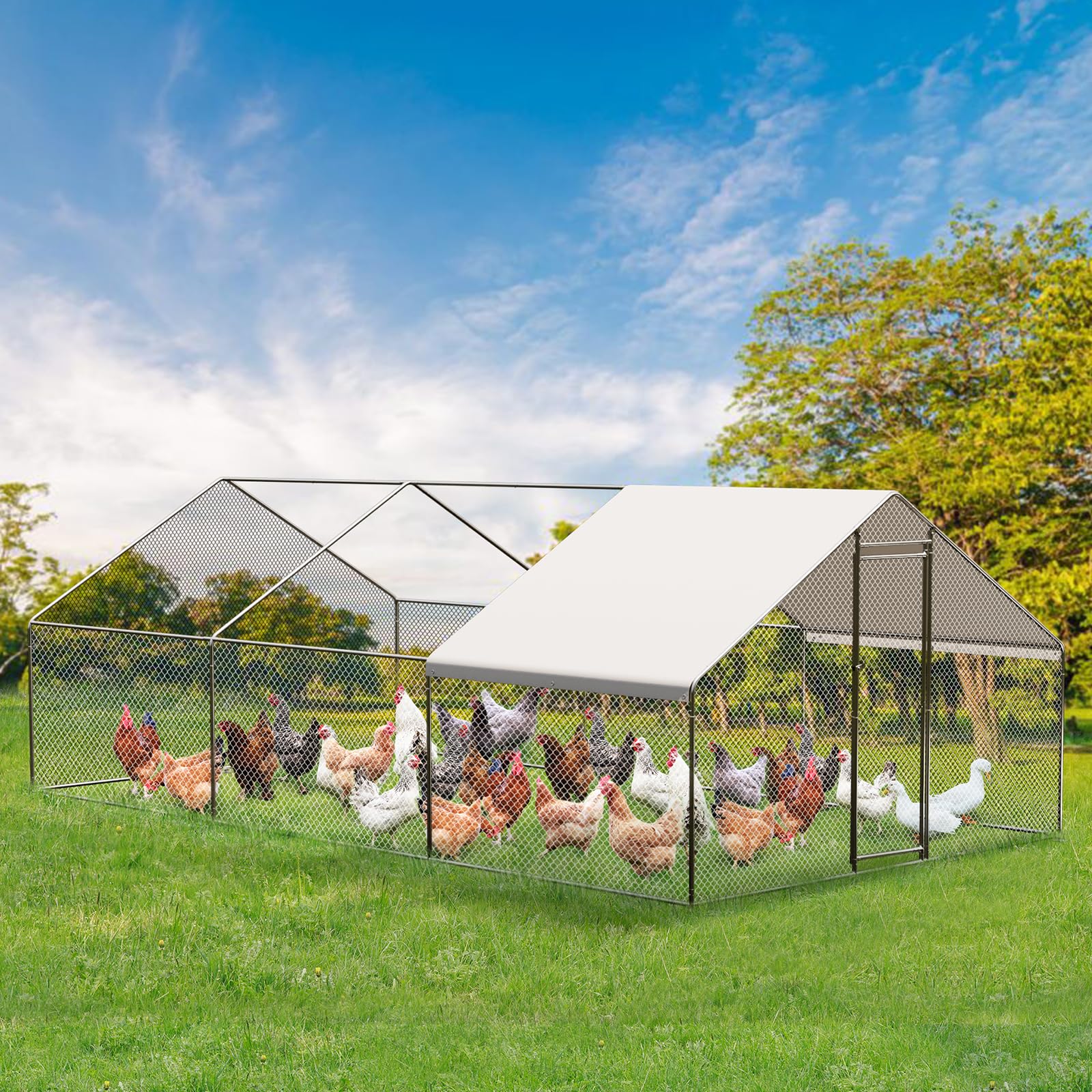Garvee - Gran recinto para aves de corral de metal para granja y jardín, techo impermeable y protección contra rayos UV, seguridad óptima para gallinas, patos, conejos y animales pequeños, montaje