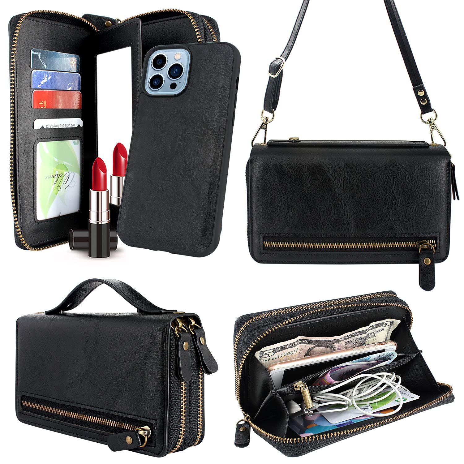 HarryshellCompatible with iPhone 13 Pro Max 6.7 inch 2021 Case Wallet Multi Zipper Detachable Magnetic Cover Purse Bag with Card Slots Mirror Crossbody Chain Wrist Strap (Black)