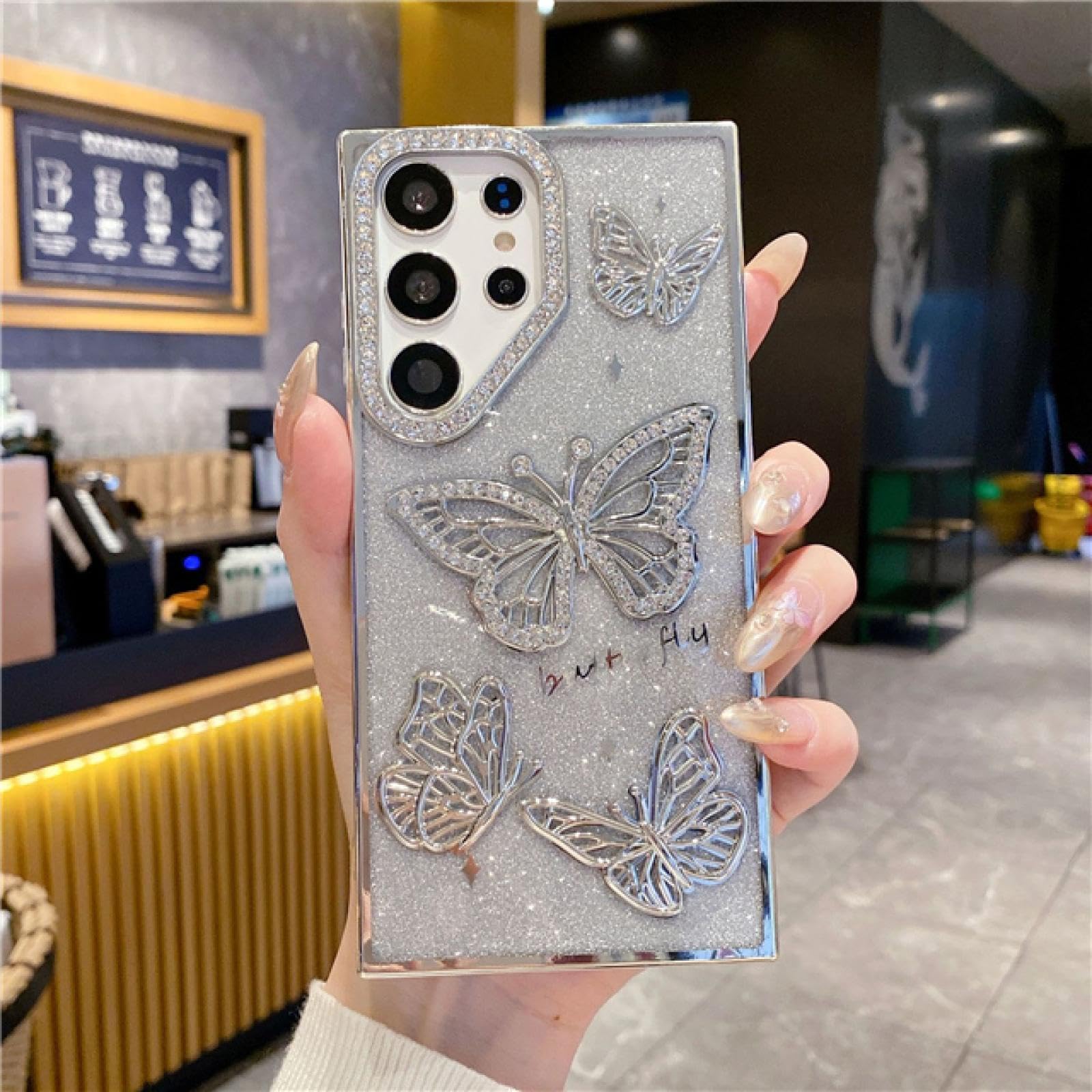 Coque Galaxy S23 papillon argent avec strass brillants antichoc
