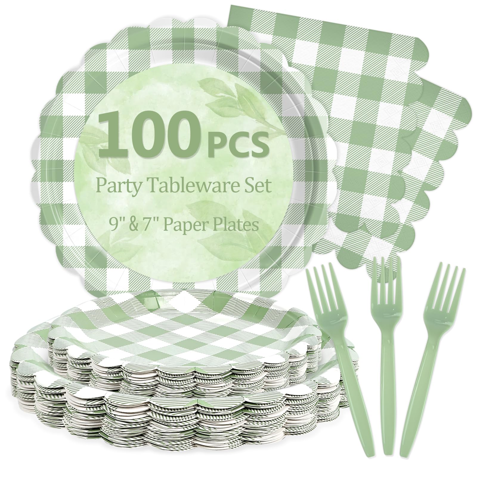 Sage Green Gingham Paper Plates and Napkins Disposable Set for Baby Shower