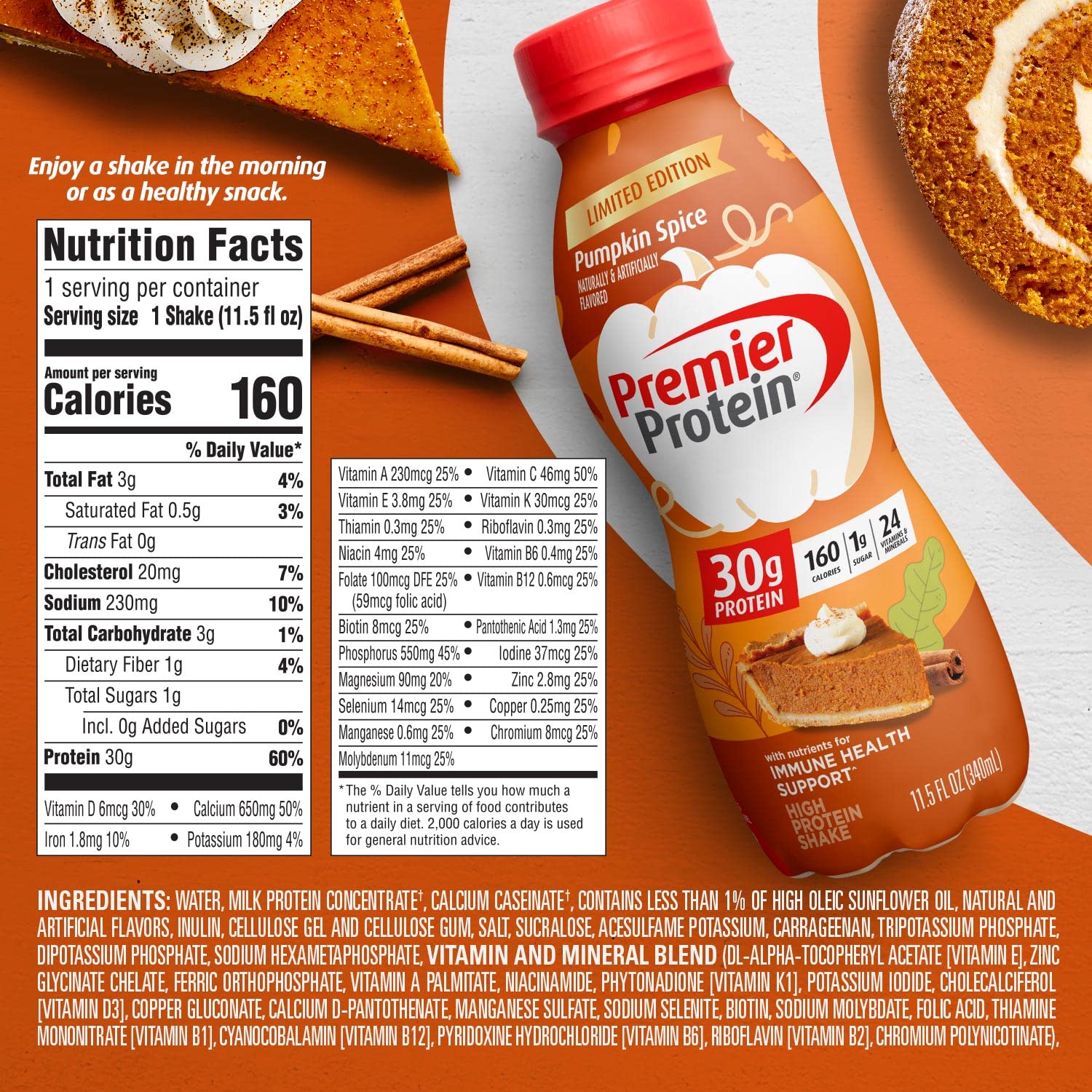 Premier Protein Shake Limited Edition 30g 1g Sugar 24 Vitamins Minerals  Nutrients to Support Immune Health, Pumpkin Spice, 11.5 Fl Oz (Pack of 12)