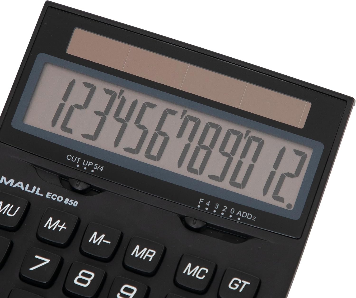 Pahareup-hareup view of the MAUL Eco 850 Desktop Calculator's 12-digit LCD display and black function buttons.