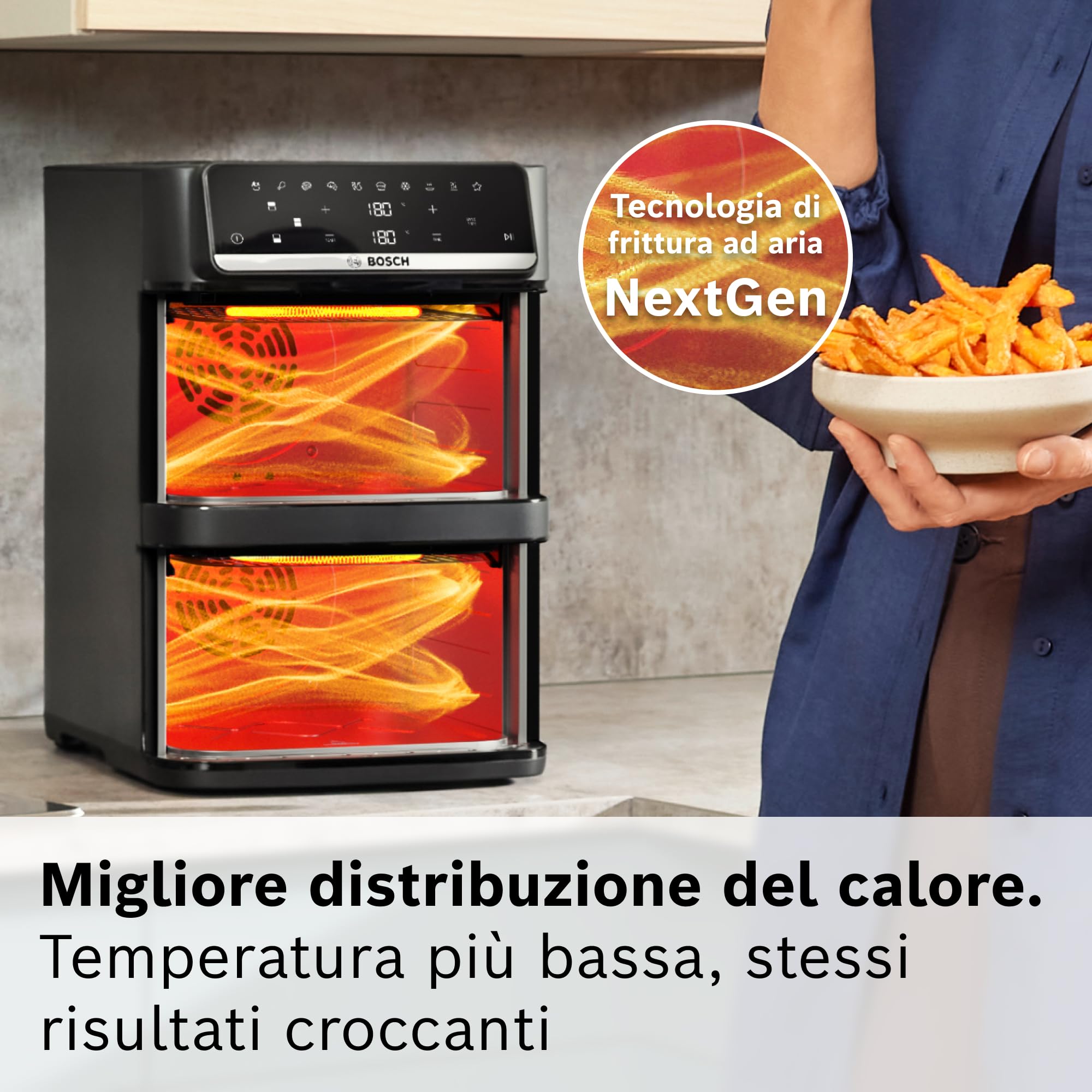 Bosch Friggitrice ad Aria Serie 6, XXL Doppio Cestello 12L, 2 Cestelli da 6L con Funzione SYNC, 6 Programmi Preimpostati, Rivestimento 100% Ceramica Non Tossico, Interno In Metallo, Nero, MAFD661B0