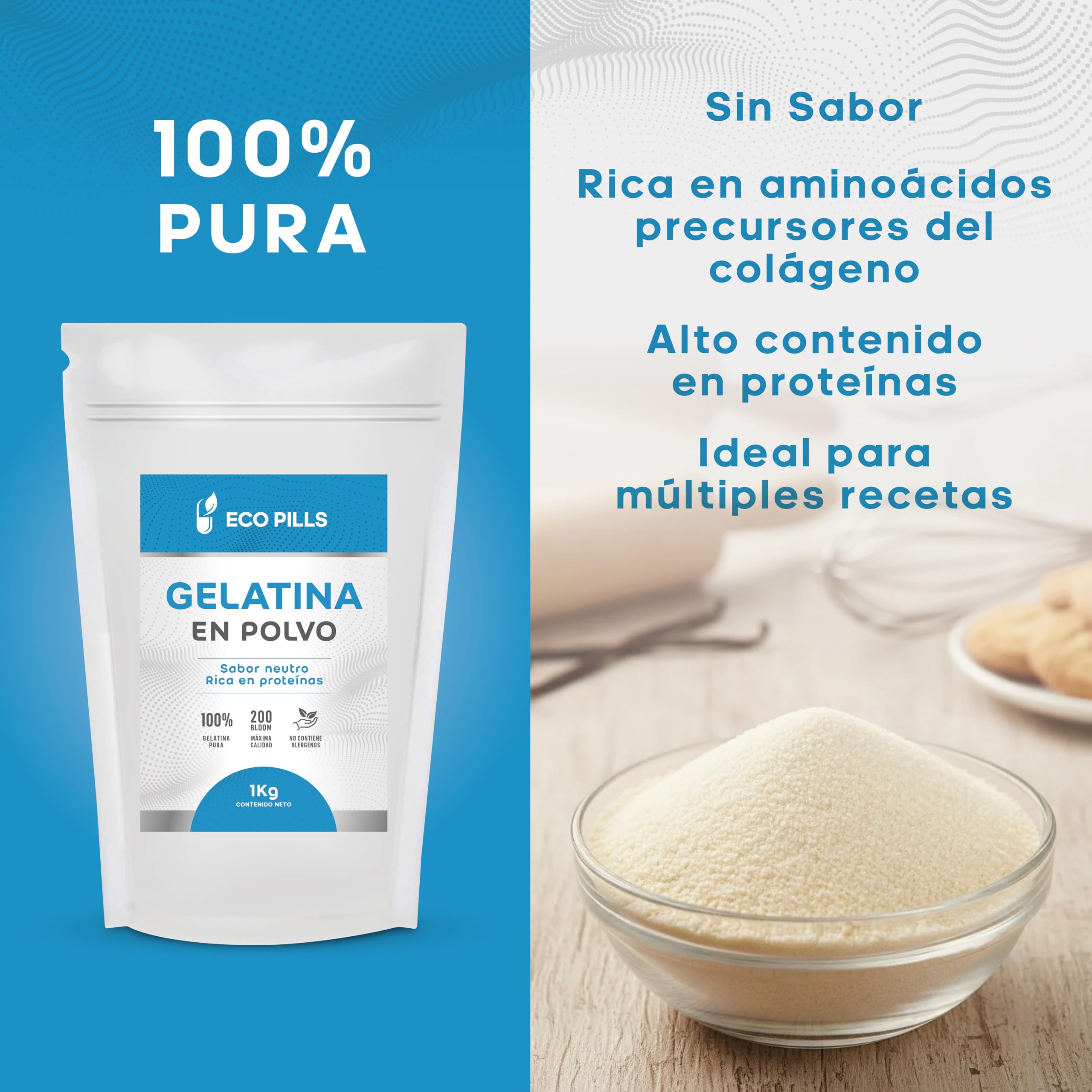 Gelatina en Polvo 1 kg, Sin Sabor, 220 Bloom, 100% Pura, Alta en Proteínas, Fácil de Disolver, Ideal para Repostería, Postres, Batidos, Caldos y Sopas (1Kg)