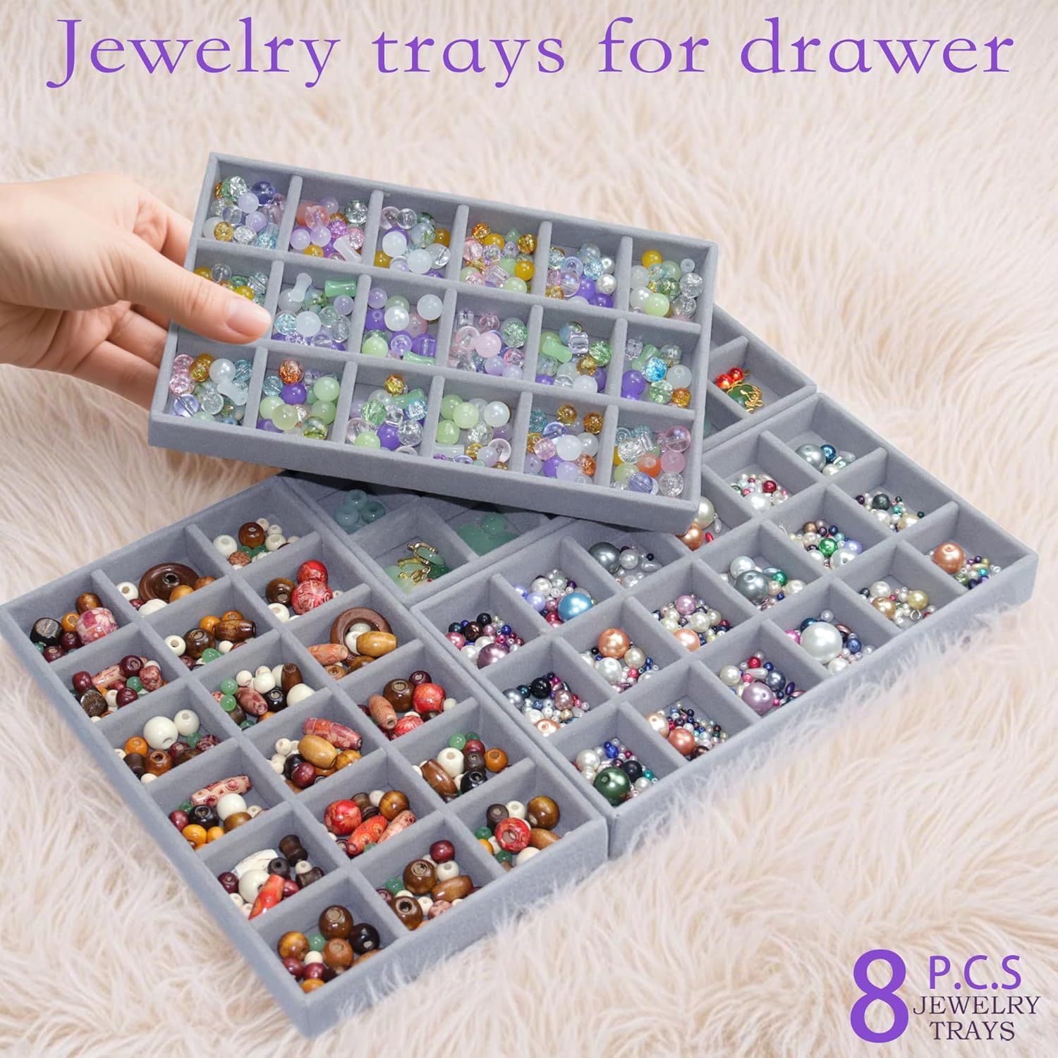 Set of 8 Earring Organizer 144 Grid Jewelry Trays Stackable Velvet Jewelry Dresser Drawer Organizer Removable Display Tray for Necklace Earring Ring, Grey