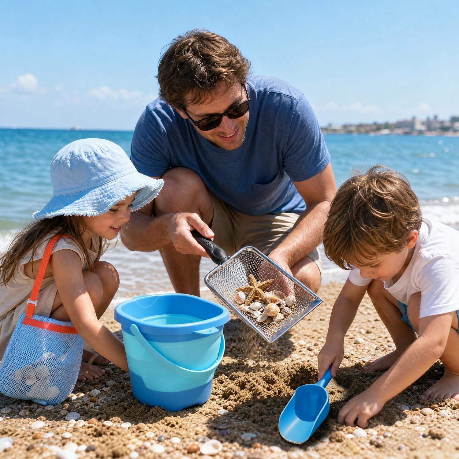 HUKUMA Zabawki do piaskownicy od 3 lat, 4 sztuki składanych wiadra z łopatką, sitkiem do piasku i sieciarką, zabawki plażowe dla dzieci, zabawki plażowe 3 4 5 lat, wielofunkcyjne wiadro na plażę