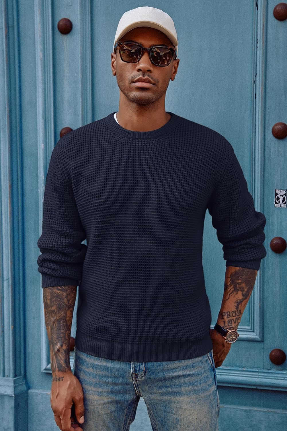 PJ PAUL JONES Mens Pullover Sweater Waffle Textured Long Sleeve Knitted Sweaters - Image 2