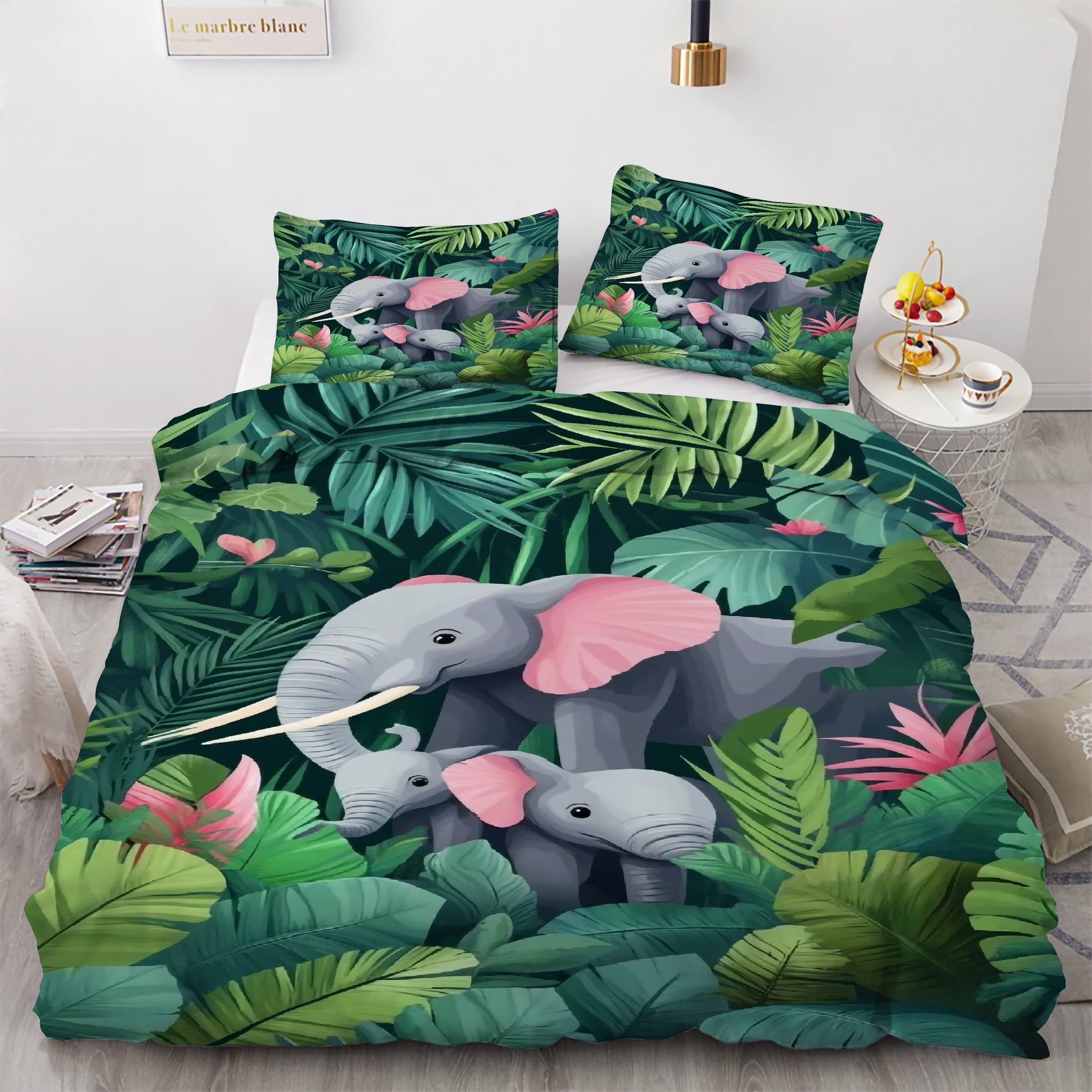 Housse de Couette 240 x 260 éléphant et 2 taies d'oreiller en microfibre pour lit double