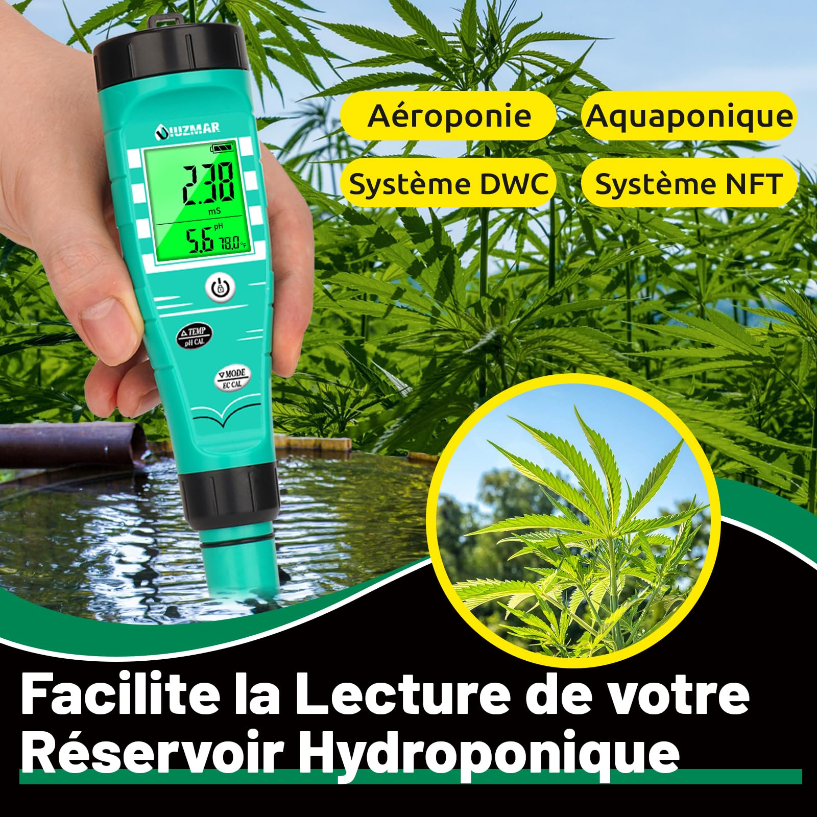 UIUZMAR pH Mètre for Hydroponics Moniteur EC pH Testeur pH PPM Pour Système Hydroponique Mesure Simultanee du pH EC TDS Temperature Pour Installation Dwc Réservoir Hydro, Jardin Aeroponique