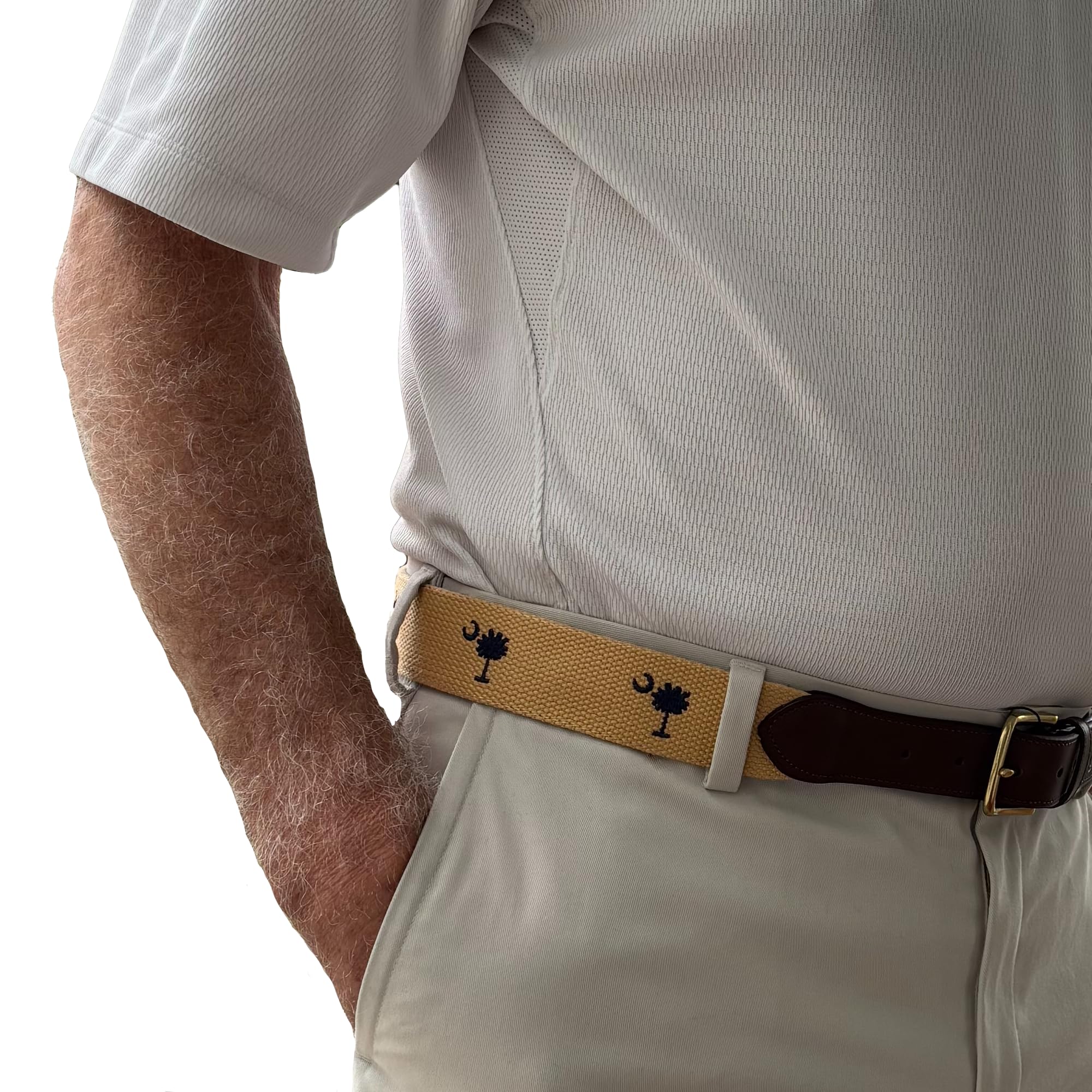 Charleston Belt Carolina Crescent Palmetto Moon Canvas Web Belt Award Winning Design (Khaki, 40)