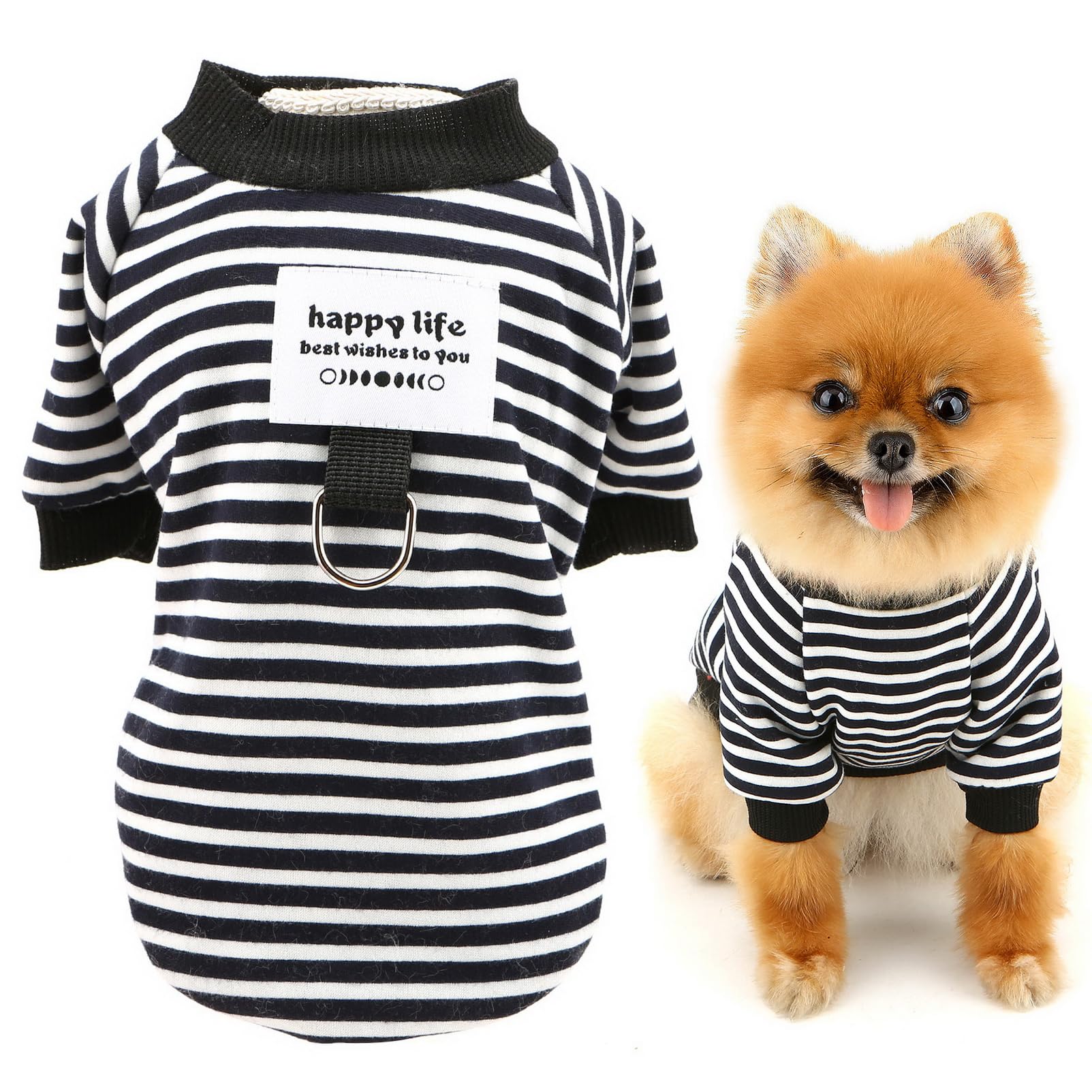 SMALLLEE_LUCKY_STORE Fleece Lined Dog Shirt for Small Dog Striped Pet Pullover T-Shirt with D-ring and Letter Patch Spring Autumn Clothes Puppy Sweatshirt Chihuahua Yorkie Cat Apparel, Black, XXL