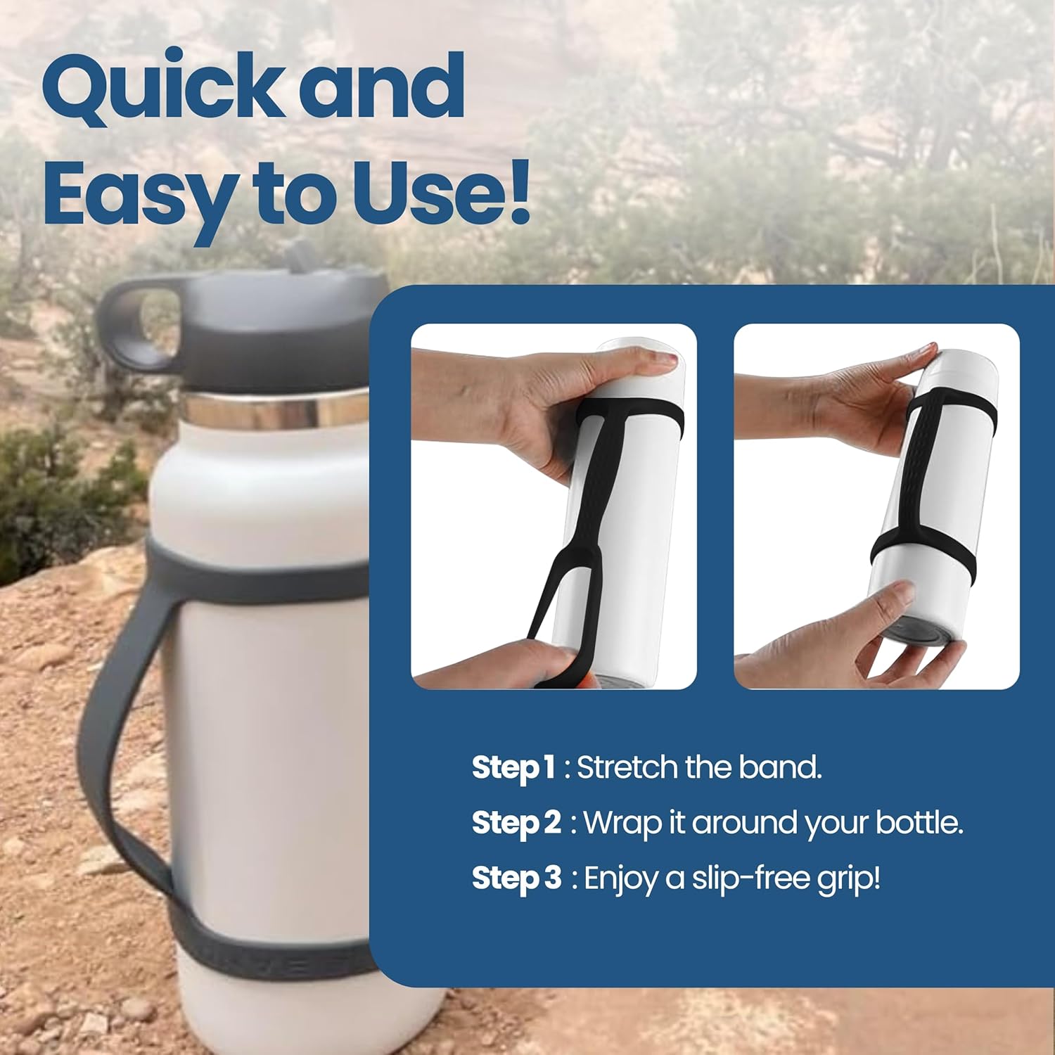 Three-step visual guide on how to apply the BottleBand to a water bottle