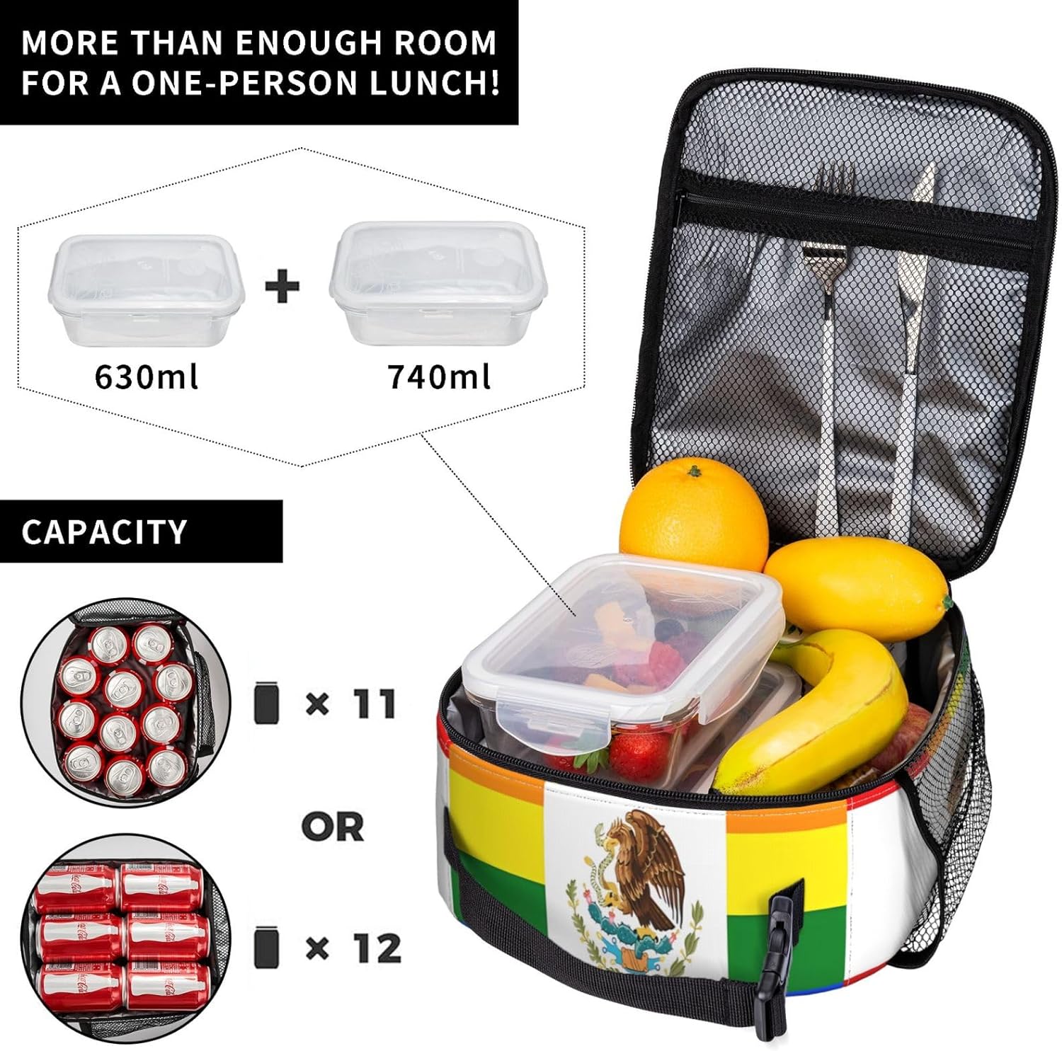 SUNNYEE Mexico Gay LGBT Rainbow Pride Flag Lunch Box Insulated Lunch Bags Reusable Picnic Bag Meal Tote Bag Portable Bento Container with Detachable Handle Lunchbox for Gym Office Hiking