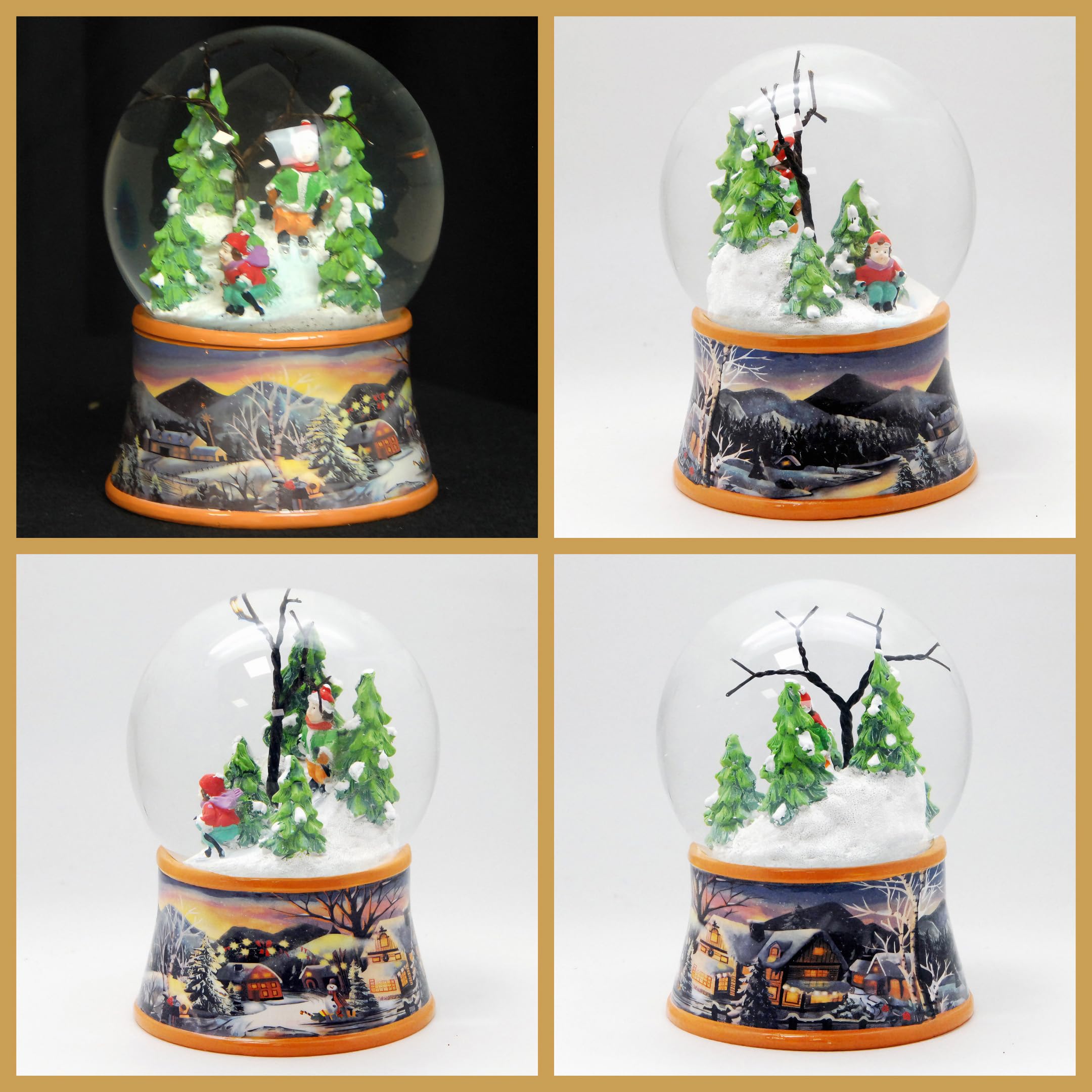 Schneekugel Weihnachten mit Musik | Nostalgische Skifahrer | Sockel Winterlandschaft Ocker| H: 14cm B: 10 cm | Schüttelkugel Wintersport Winter mit Spieluhr | 20275