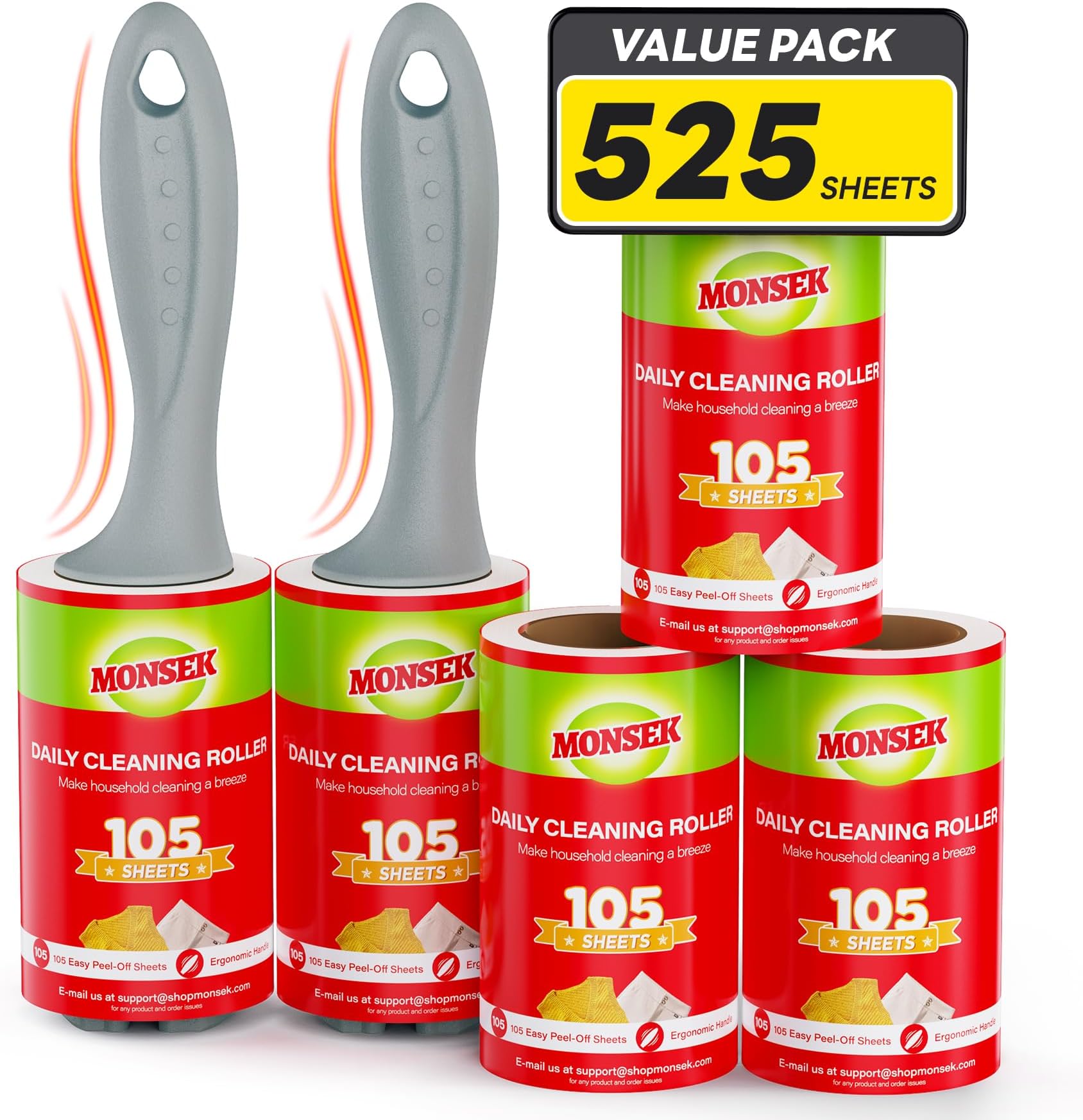 MONSEK Lint Rollers for Pet Hair Extra Sticky, 525 Sheets Mega Value Set Lint Roller with 2 Upgraded Handles (Red)