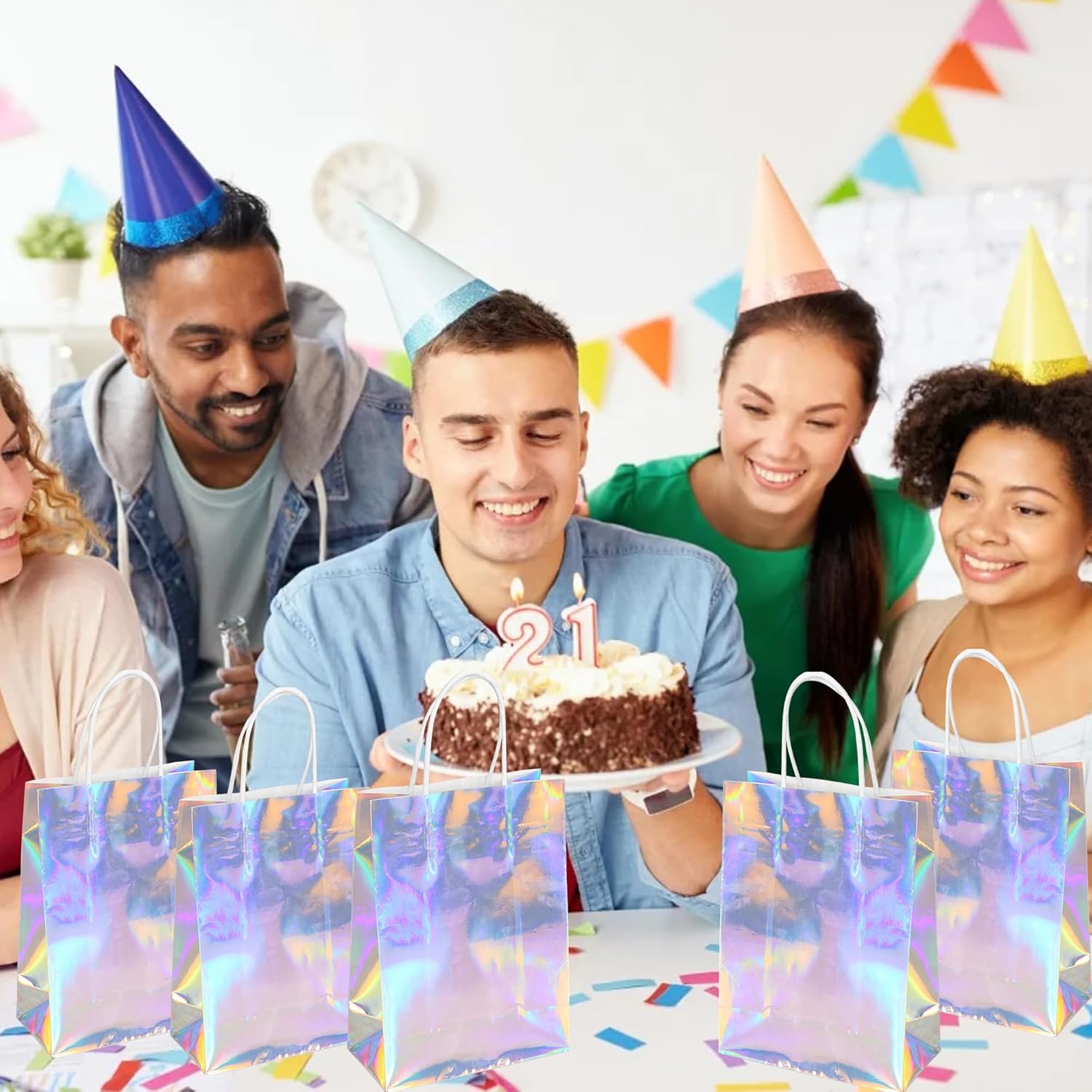 Hitkmi 24 Pcs Holographic Party Favor Bags Bulk, Iridescent Gift Bags, Small Silver Holographic Iridescent Goodie Paper Snack Candy Bags with Handles for Birthday, Baby Shower, Wedding - Image 6