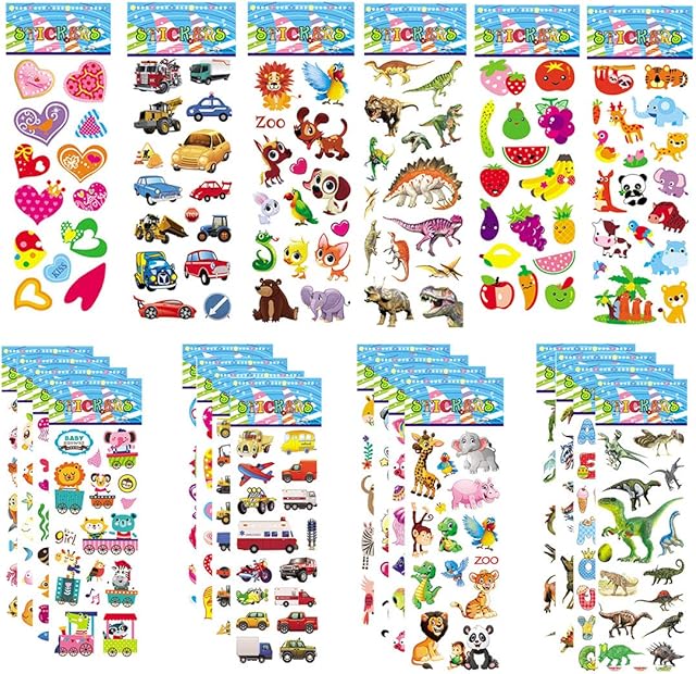 30 Sheets Puffy Stickers for Kids 800+ Children 3D Stickers for Party Bag Fillers Rewarding Gifts Scrapbooking Including Animals Fish Dinosaurs Numbers Fruits Trucks Airplane