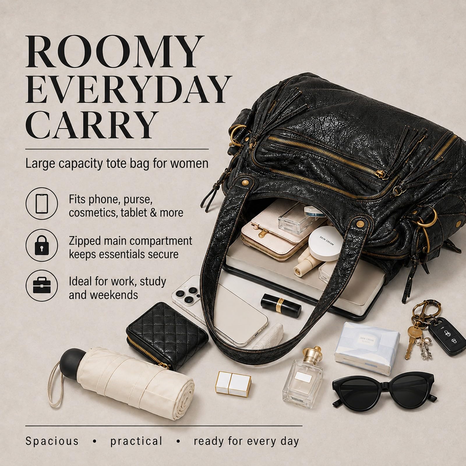 Bolso Mujer Grande, Tote Bag Vintage en Cuero PU, City Bag para Viaje