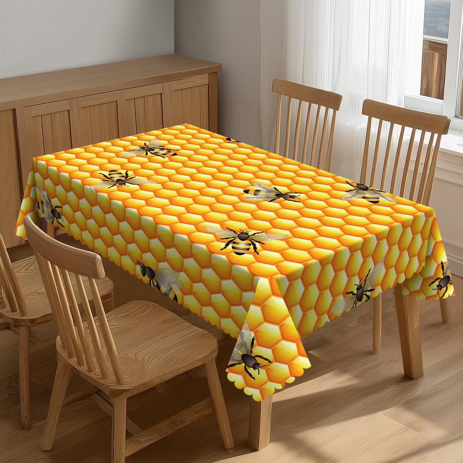Bees Honeycomb Tablecloth Rectangle 54 x 72 Inch Spill Proof Wrinkle Resistant Yellow Cute Sweet Bee Honey Comb Table Cloth Table Cover for Dining Party Indoor Outdoor