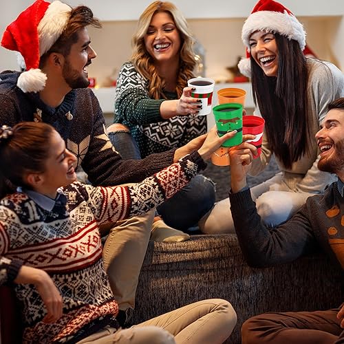 Miniatura 6 de 60 vasos de plástico de Navidad para fiestas, vasos de plástico de 16 onzas, vasos desechables para estadio, cinturón de Papá Noel, vasos de