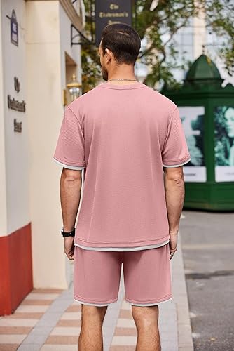 Miniatura 3 de COOFANDY Conjunto de camisa y pantalones cortos de gofre para hombre, conjunto de 2 piezas, conjunto casual de verano con bolsillos