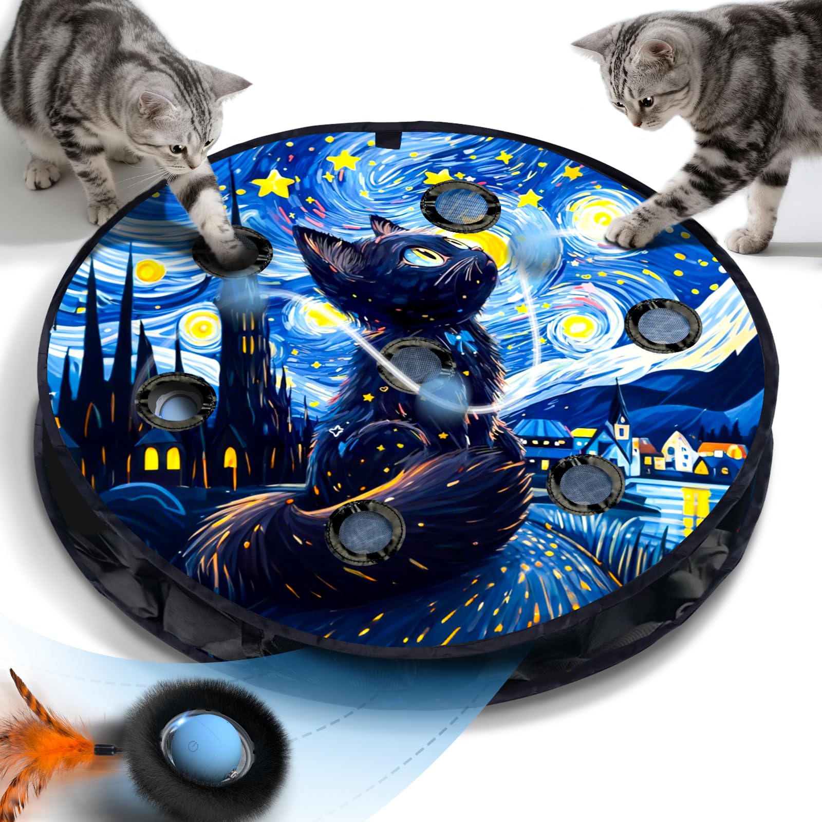 Jouet interactif pour Chat avec 7 Trous, Sac de Tapis de Labyrinthe, Jeu de cachette Mobile Automatique avec Queue en Plume, Jeu de Capture de Souris, Cadeaux pour Chat