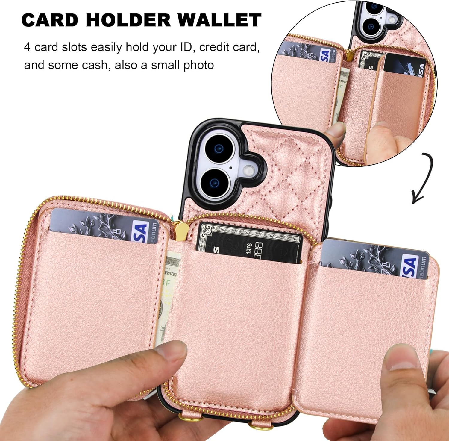 Bocasal Crossbody Wallet Case for iPhone 17, RFID Blocking PU Leather Zipper Handbag Purse Flip Cover, Kickstand Folio Case with Card Slots Holder Wrist Strap Lanyard 5G 6.3 Inch (Rose Gold) - Image 4