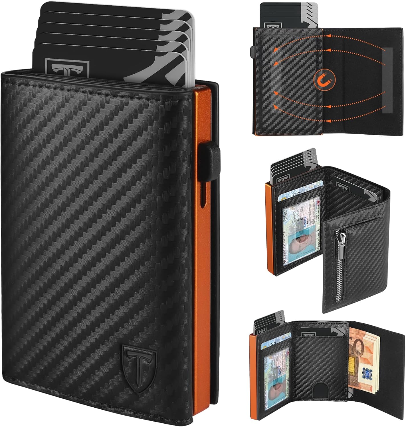 TEEHON Portafoglio Uomo Slim RFID Blocking Magnetica Fibra di Carbonio Porta Carte di Credito Uomo - ID Window Tasca Portamonete con Cerniera Scomparto per Banconota (Nero Arancione)