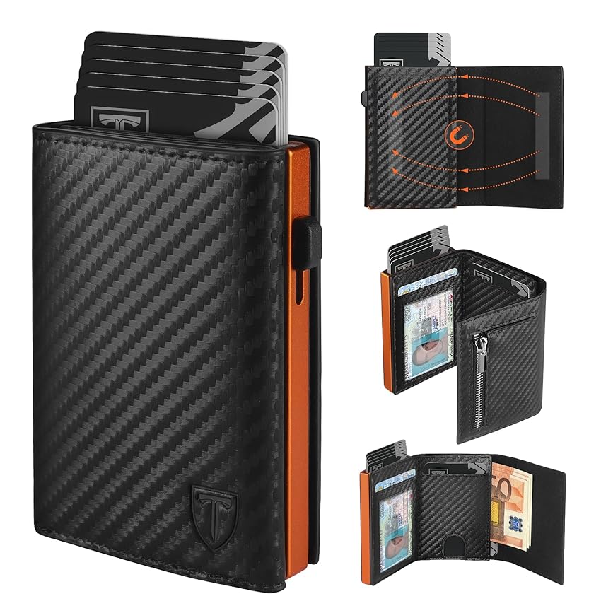 TEEHON Portafoglio Uomo Slim RFID Blocking, Magnetica Fibra di Carbonio Porta Carte di Credito Uomo - ID Window, Tasca Portamonete con Cerniera, Scomparto per Banconota (Nero Arancione)