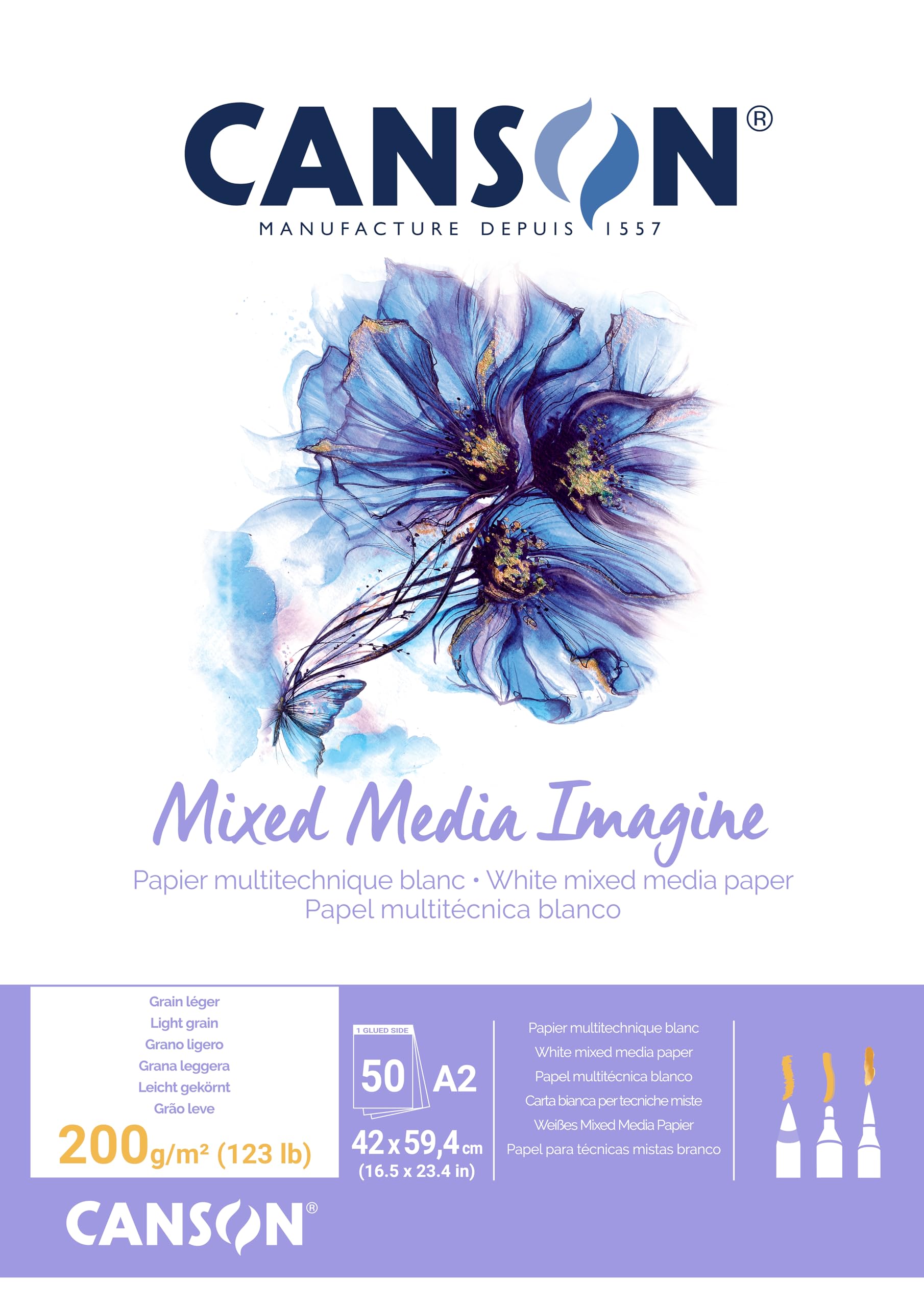 Canson Imagine Mixed Media Paper Pad A2 – 200gsm, Natural White, 50 Sheets, Ideal for Sketching & Painting