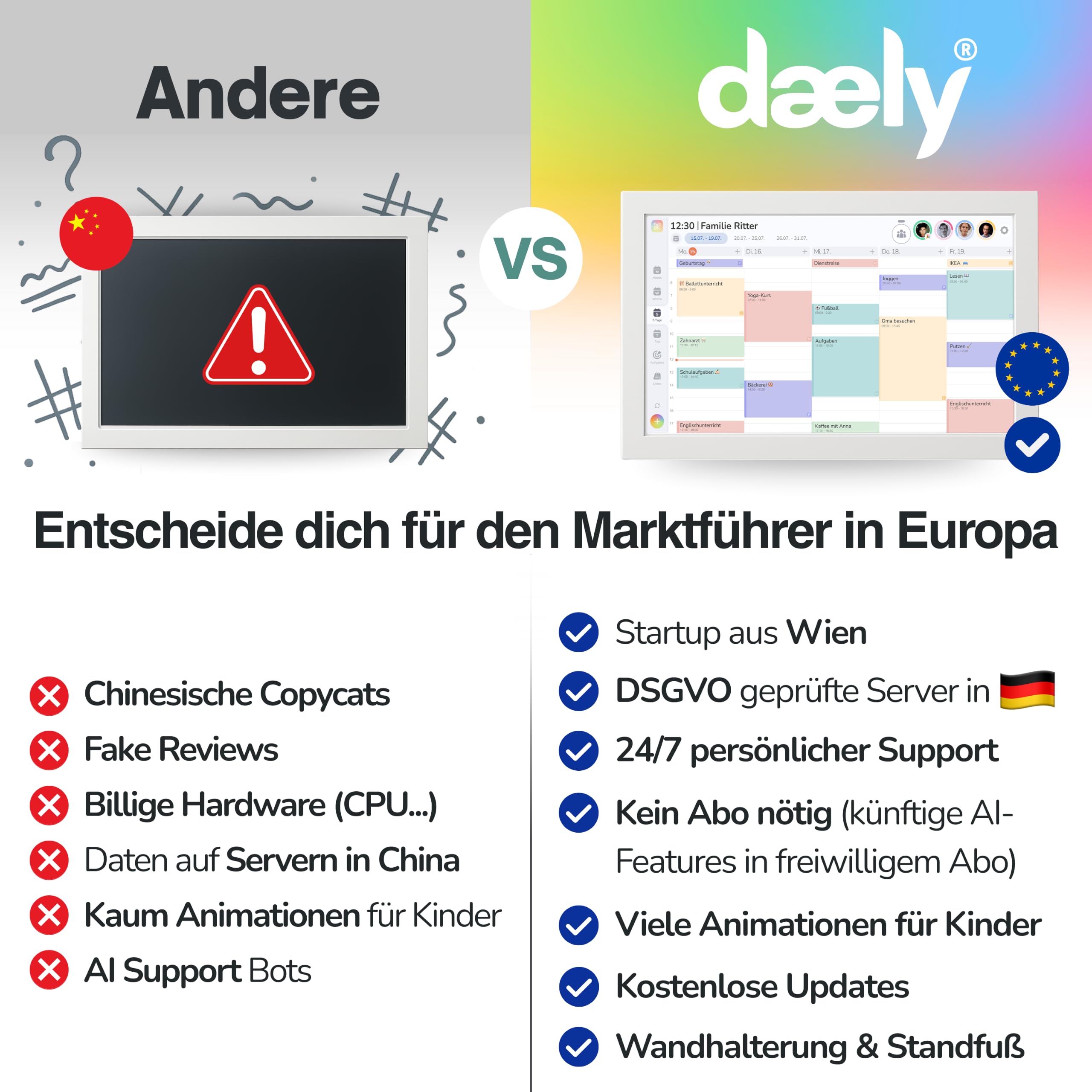 Daely® Calendar - Digitaler Kalender 15.6" - Digitaler Wandkalender Touchscreen Full HD - Familienplaner, Elektronischer Wandkalender, Wochenplaner, Monatsplaner & Belohnungstafel, Wi-Fi