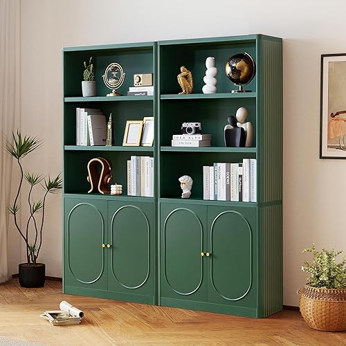 70.8" Tall Fluted Bookshelf with Storage Cabinet Set of 2, Modern 5-Tier Wood Bookcase with Open Display Storage Shelf, Gold Handles for Office Living Room (Green)