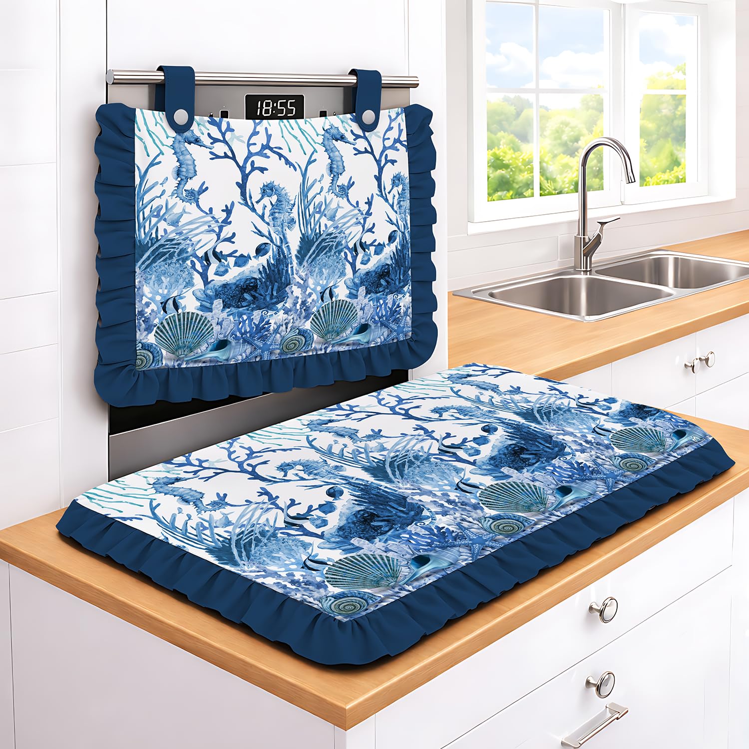 Set Cucina Copriforno 40x50 cm + Coprifornelli 46x70 100% Design Corallo con Stampao e Balze - Protezione Completa Made in Italy decorazione della cucina soggiorno giardino (Rosso) (Blu)