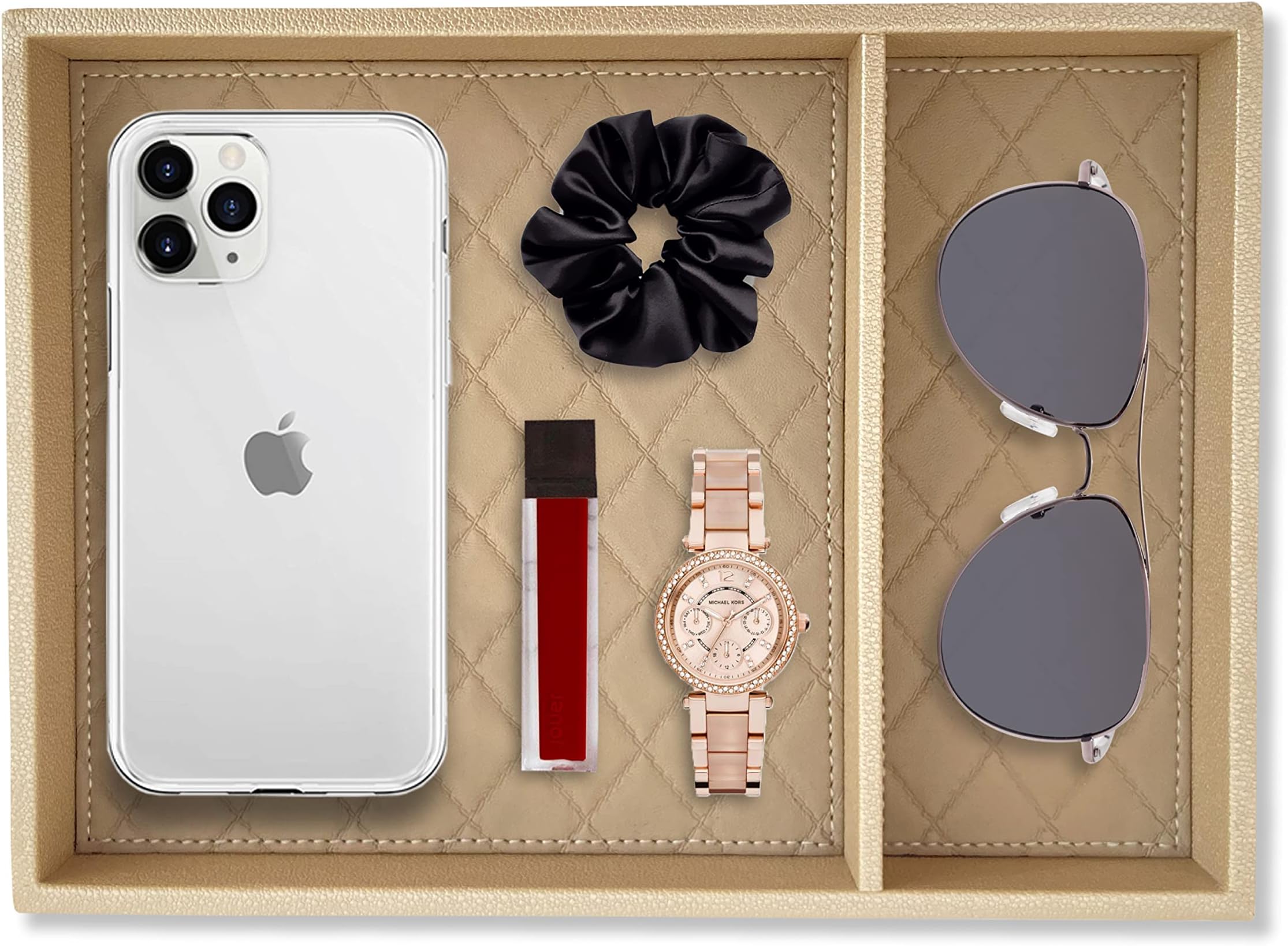 LEART Leather Valet Tray with Divider - Leather Tray Organizer | Bedside, Nightstand, Office Desk Organizer | Catchall Tray for Wallet, Mobile Phone, Watch, Stationary (Cream)